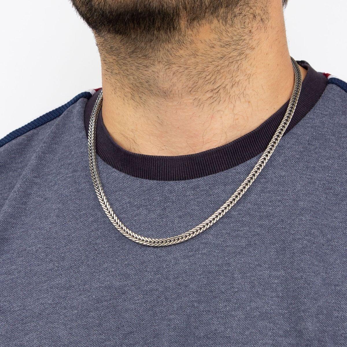 "fredbennett® Oxidised Sterling Silver Foxtail Chain Necklace – rugged and stylish everyday men’s chain, skin-safe and presented in a suede pouch from Gold and Diamonds."
