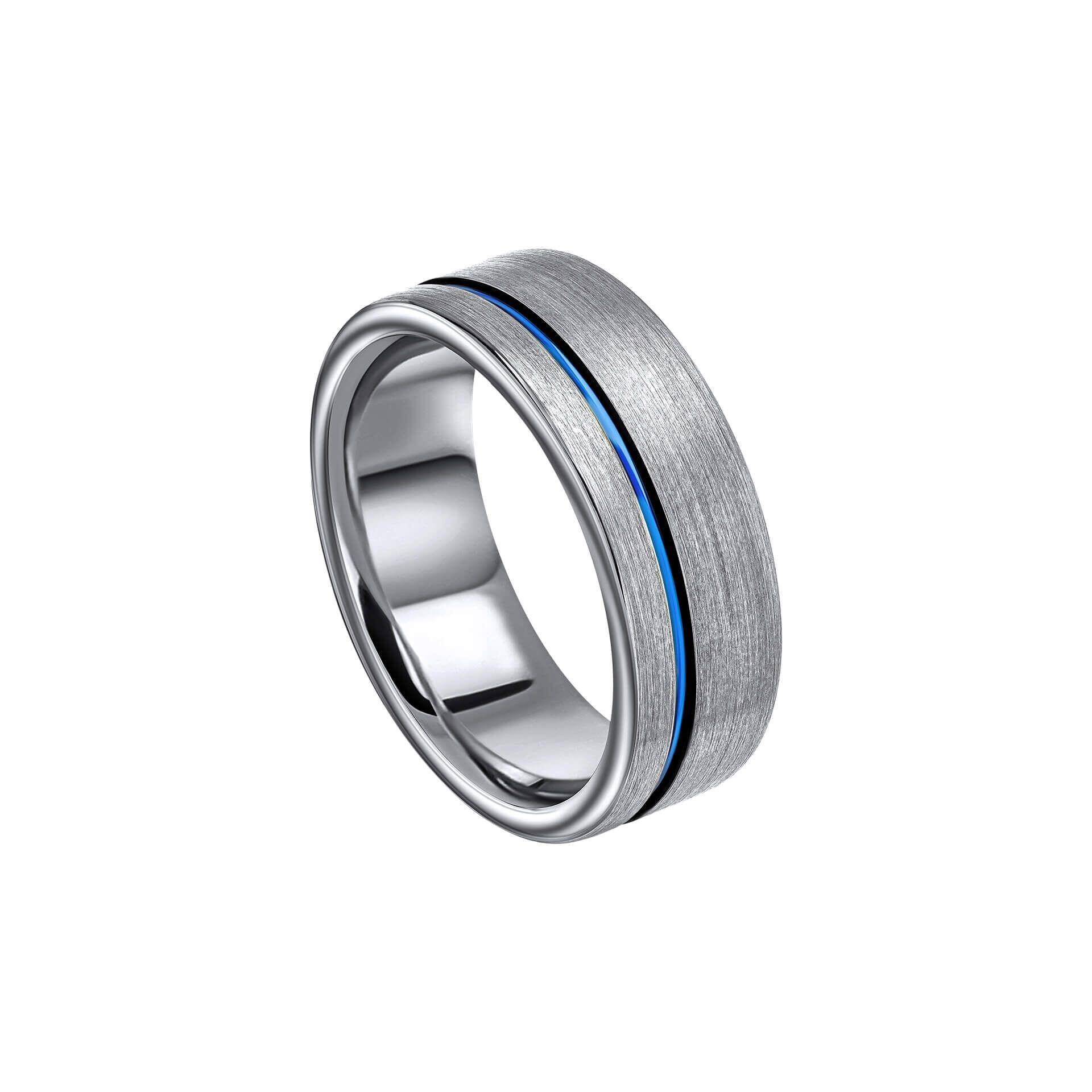 "fredbennett® 8mm Tungsten Carbide Ring with Blue Inlay – durable men’s ring with custom inner engraving for text, fingerprints, or handwriting. Gift-ready from Gold and Diamonds."