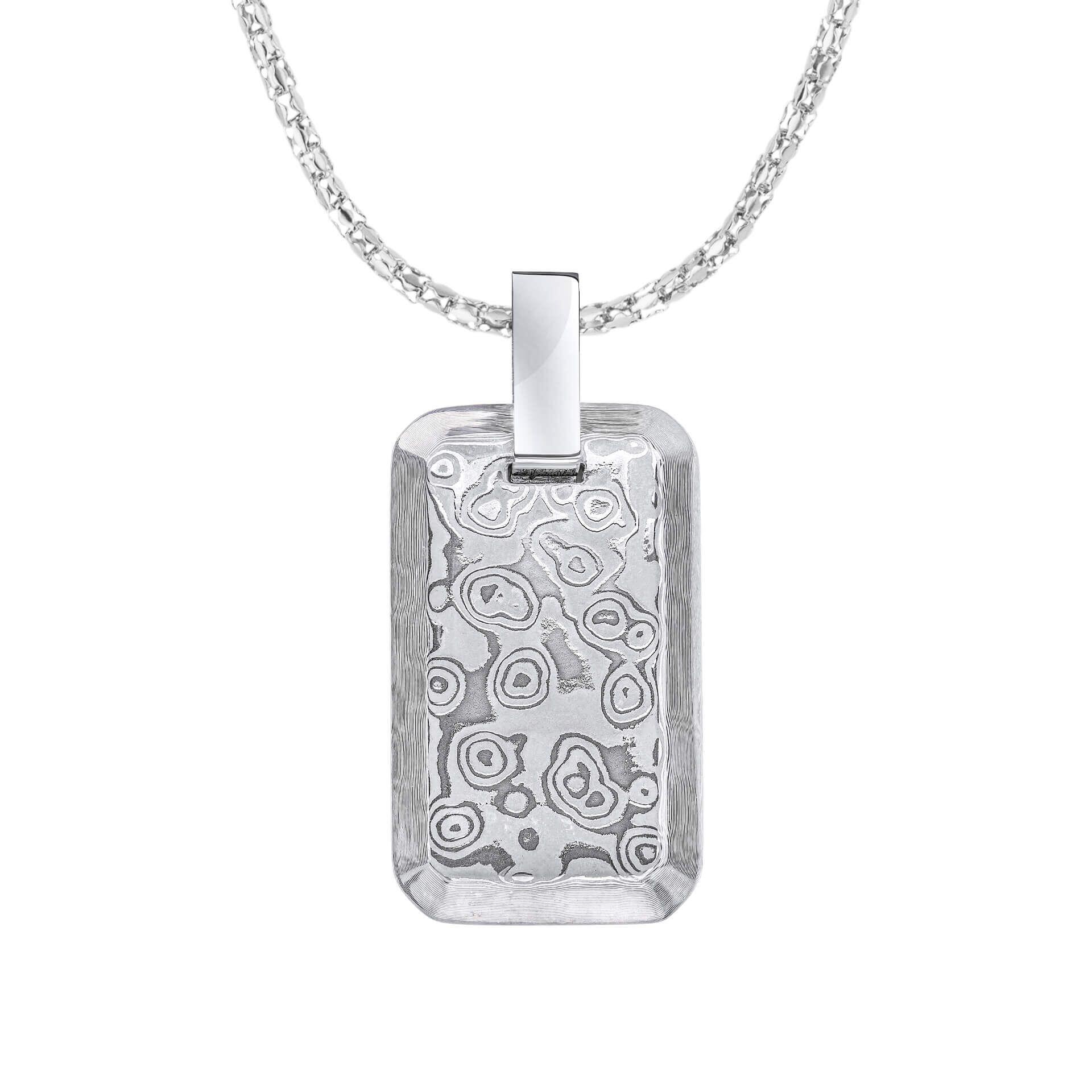 "fredbennett® Damascus Steel Rectangle Pendant and Chain – bold textured men’s necklace with layered grain finish, not suitable for engraving. Gift-ready from Gold and Diamonds."