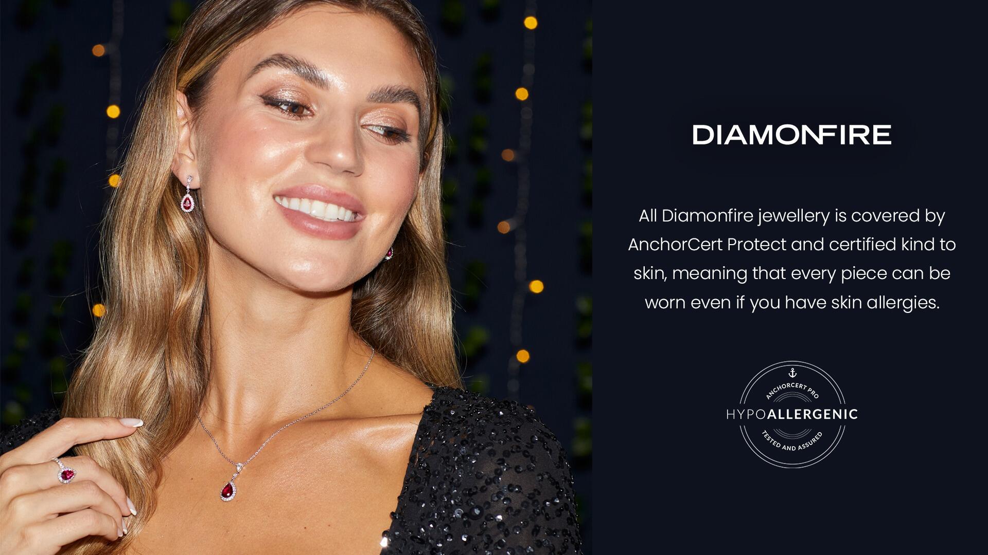 "Diamonfire® White Shell Pearl Necklace with zirconia set clasp, featuring 57-facet stones and triple plated sterling silver, AnchorCert Pro certified skin safe, in luxury silk packaging."