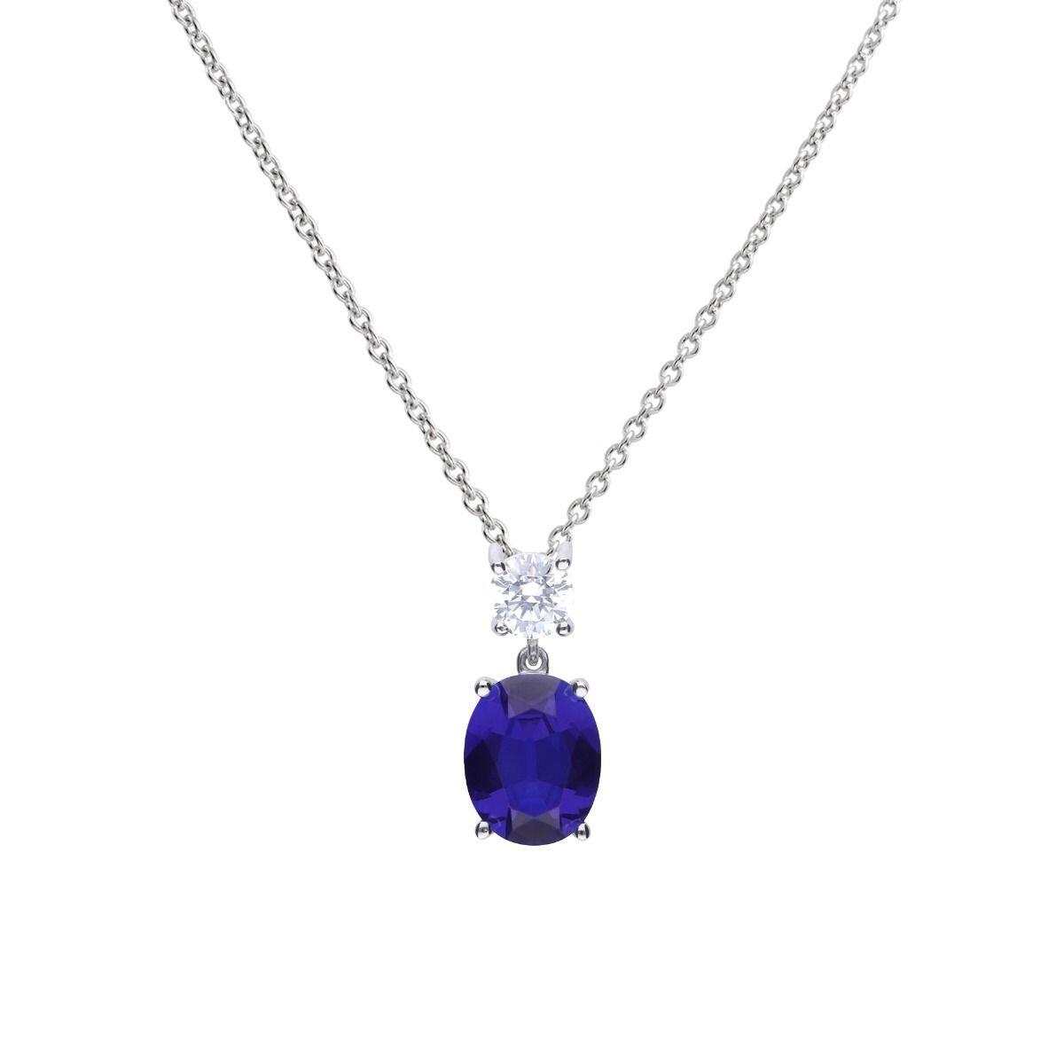 "Diamonfire® Sapphire-Coloured Oval Drop Pendant with clear accent zirconia, crafted in triple plated sterling silver, AnchorCert Pro certified skin safe, presented in luxury silk packaging—perfect for weddings and elegant events."