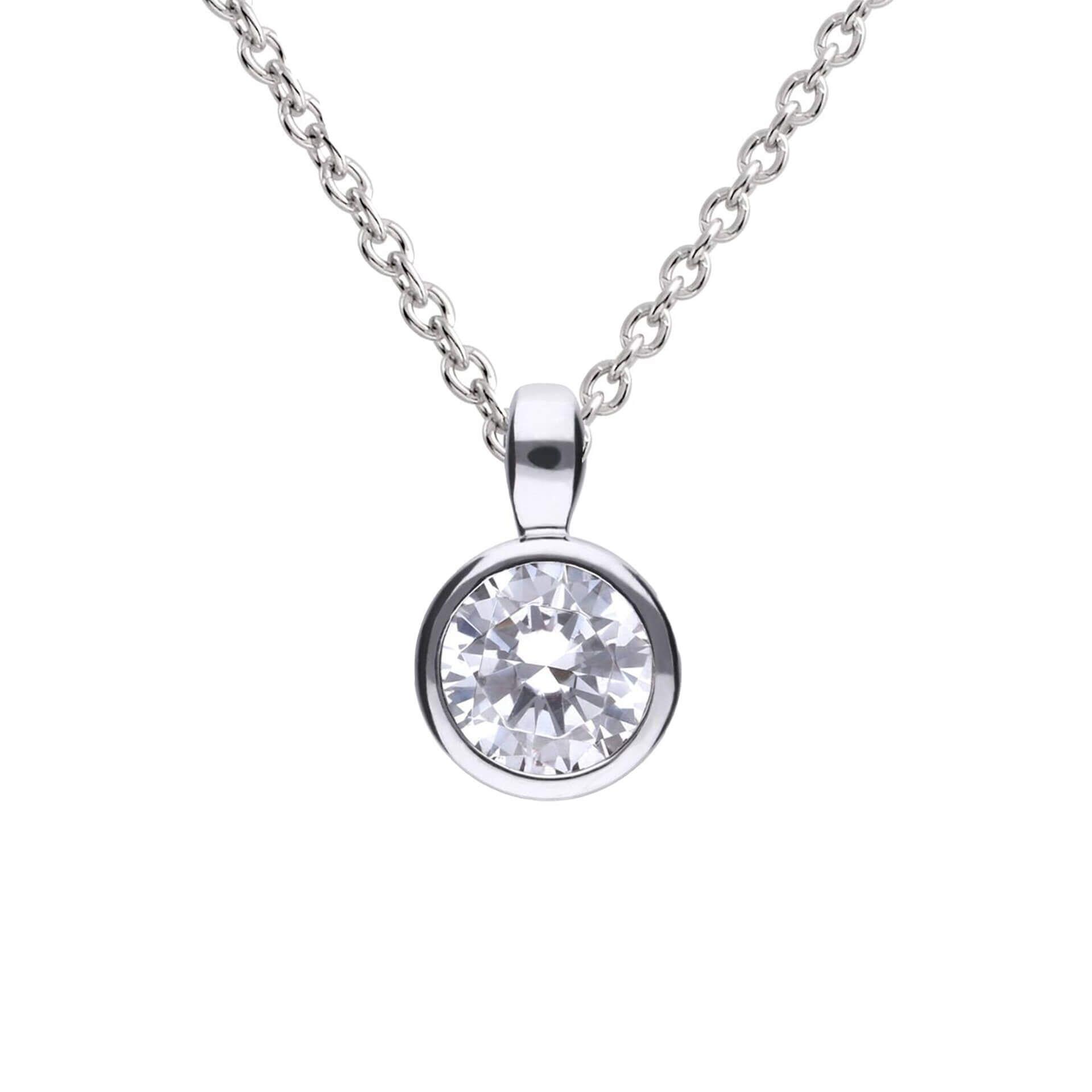 "Diamonfire® Bezel Set Round Zirconia Pendant in sterling silver, available in 0.25ct to 2.00ct, with 57-facet cut stone, triple plated and AnchorCert Pro certified skin safe, presented in luxury silk packaging—ideal for weddings and special occasions."