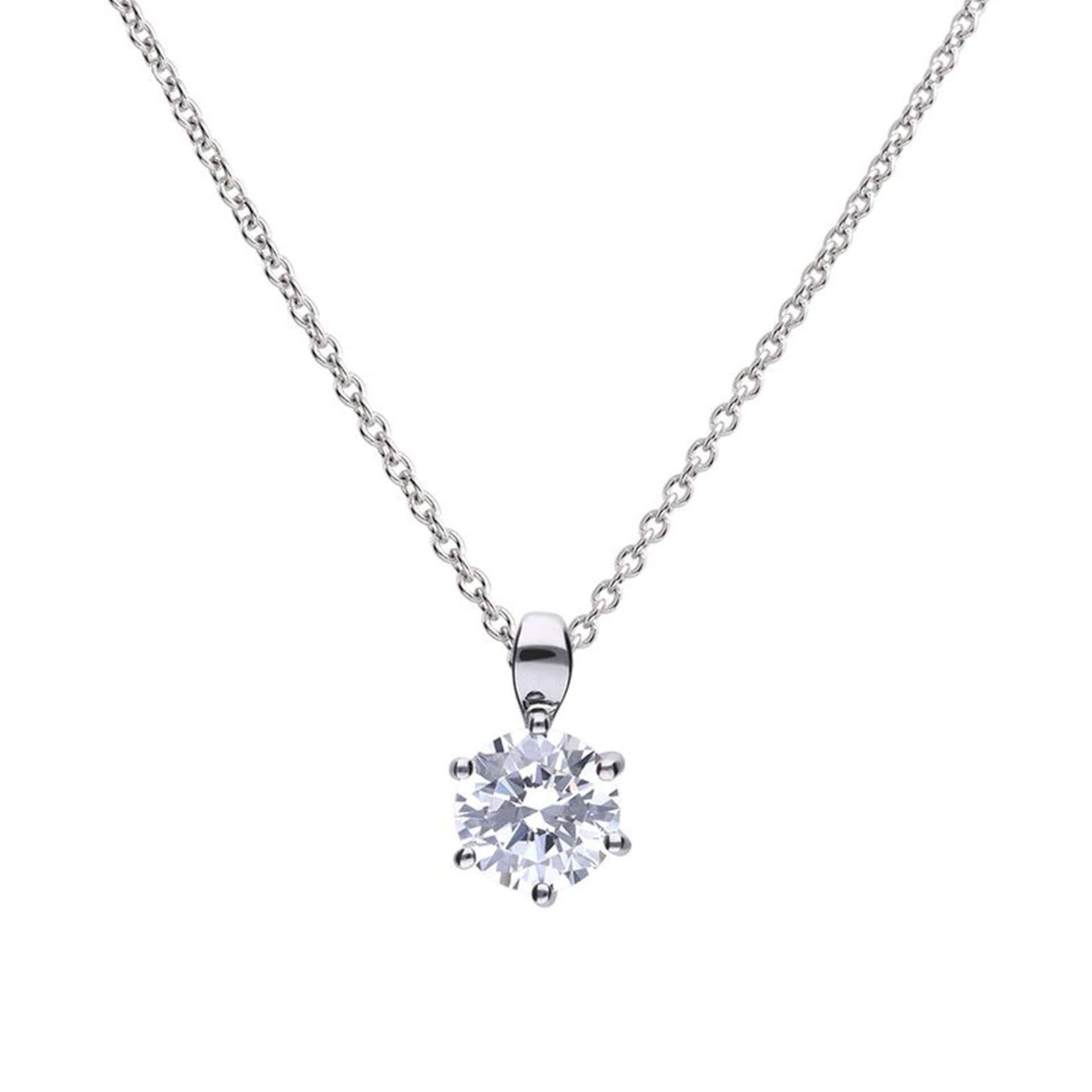 "Diamonfire® Six Claw Solitaire Pendant with 57-facet zirconia stone, available in 0.25ct to 2.00ct, crafted in triple plated sterling silver, AnchorCert Pro certified skin safe, presented in luxury silk packaging with gift bag—ideal for weddings and elegant gifting."