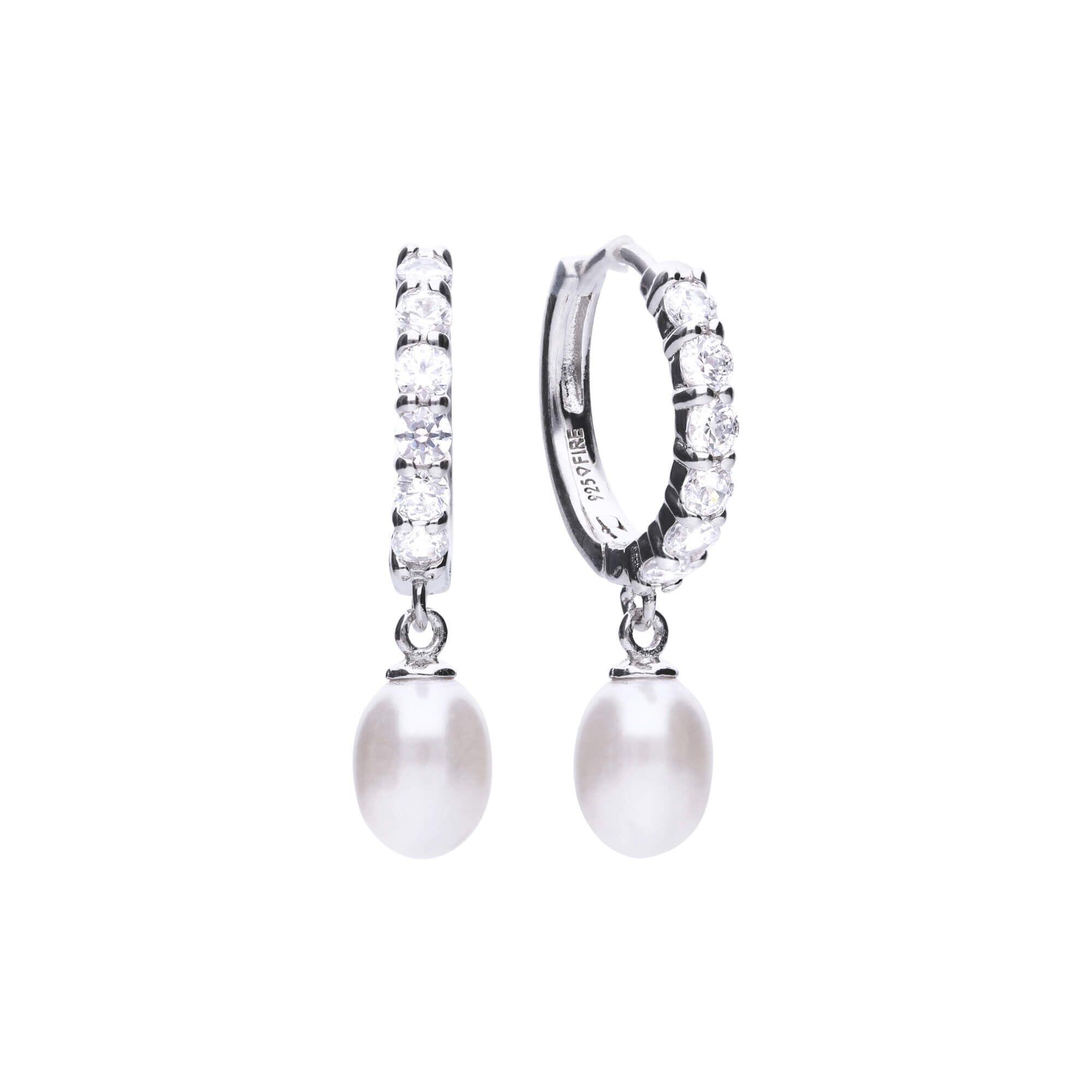 Diamonfire® Pearl Drop Hoop Earrings in Triple Plated Sterling Silver with 57-Facet Zirconia Stones – Elegant Bridal Jewellery by Gold and Diamonds