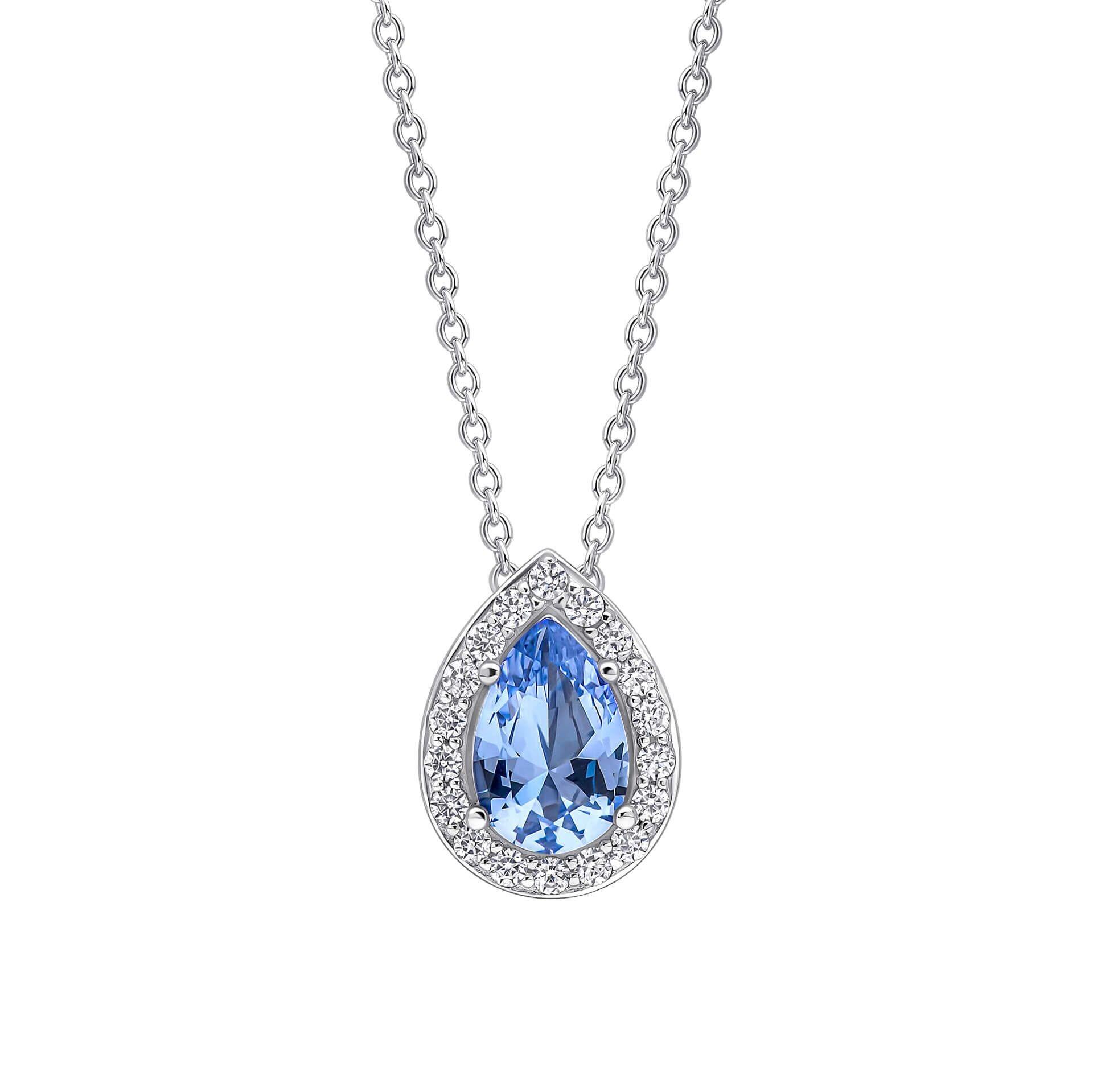Diamonfire® Aquamarine Blue Pear-Cut Halo Zirconia Pendant in Triple Plated Sterling Silver with 57-Facet Stones – Luxury Jewellery by Gold and Diamonds