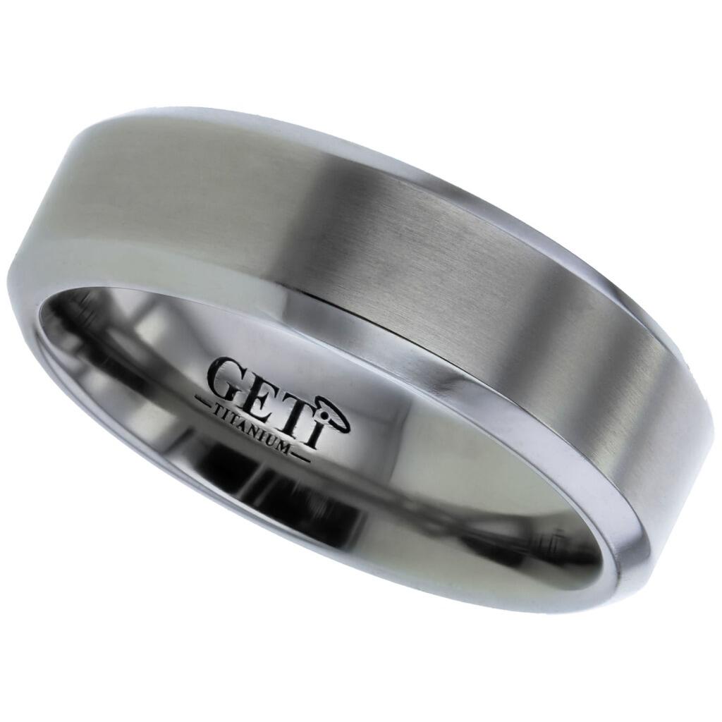 Flat profile Geti titanium wedding band with satin top and polished chamfered edges by Gold and Diamonds