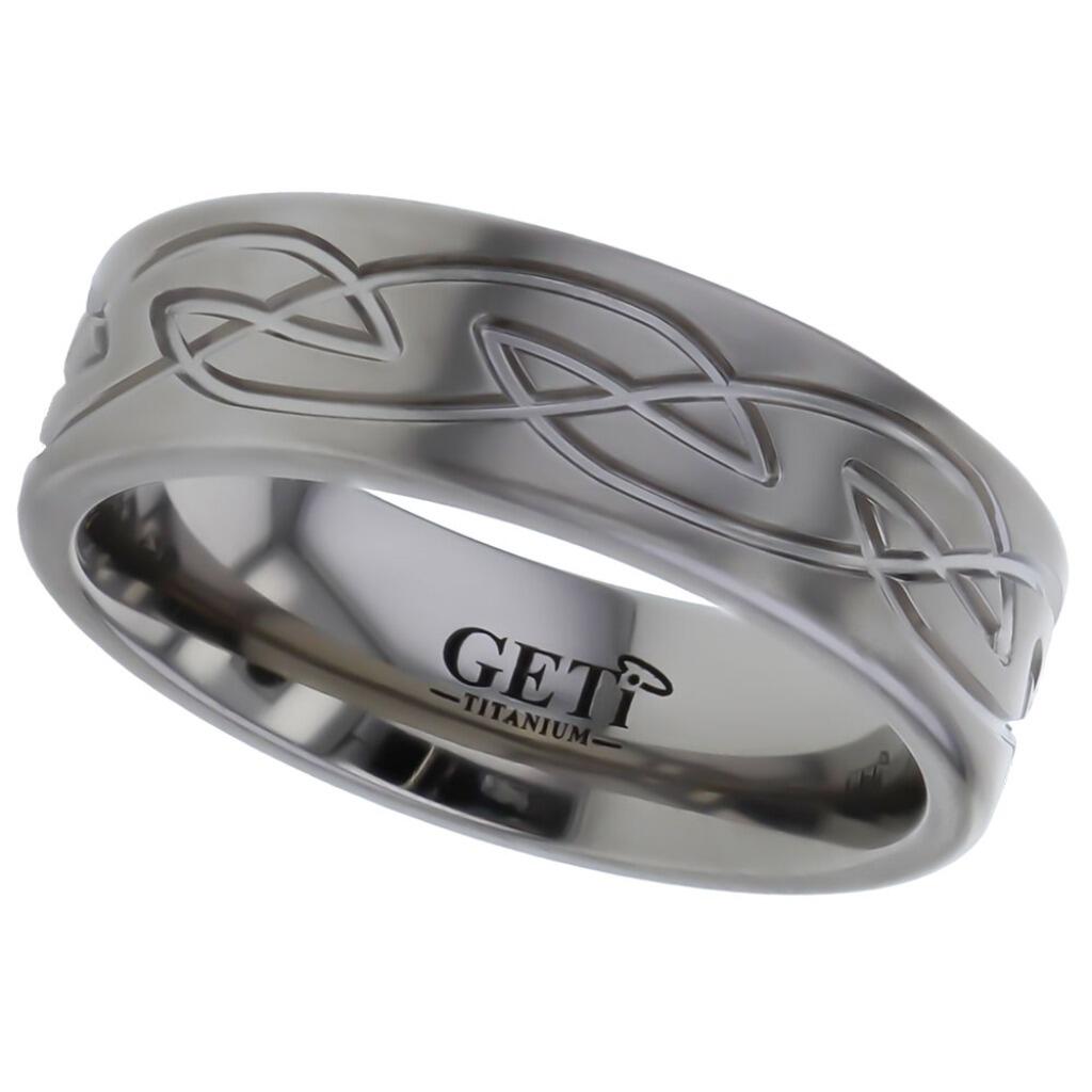 8mm flat court Geti titanium wedding band with satin finish and machined Celtic knot pattern by Gold and Diamonds