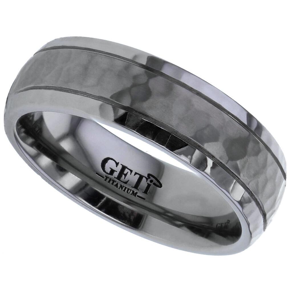 Traditional court Geti titanium wedding band with hammered satin centre, polished edges and twin fine grooves by Gold and Diamonds