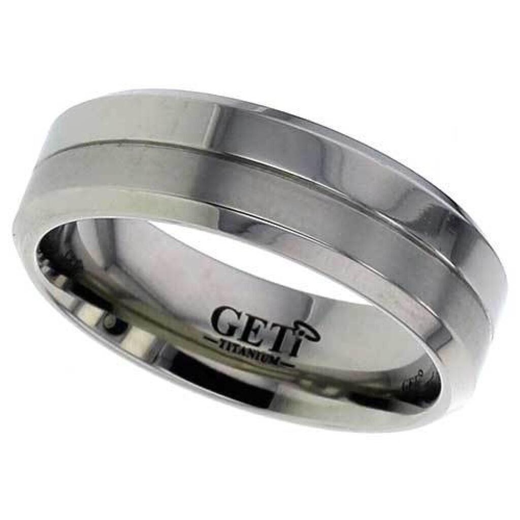 Chamfered edge Geti titanium wedding band with satin and polished finish separated by a fine centre groove by Gold and Diamonds