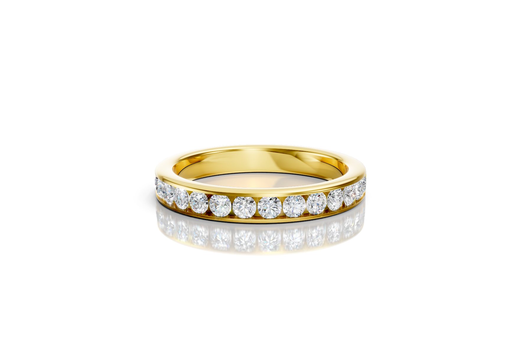 3mm channel set diamond wedding band 0.50ct round diamonds 50 percent set in gold platinum and palladium