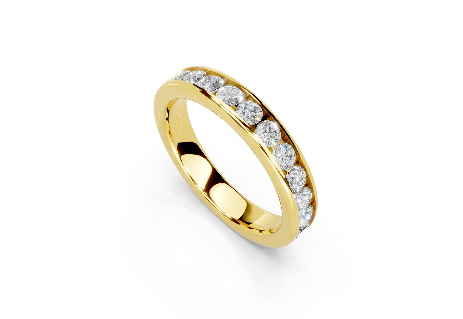 3.7mm channel set diamond wedding ring with 0.75ct round diamonds, 50% set for added sparkle. Available in gold, platinum and palladium. Natural G/VS or lab D/VVS1 diamonds. Free home consultations.
