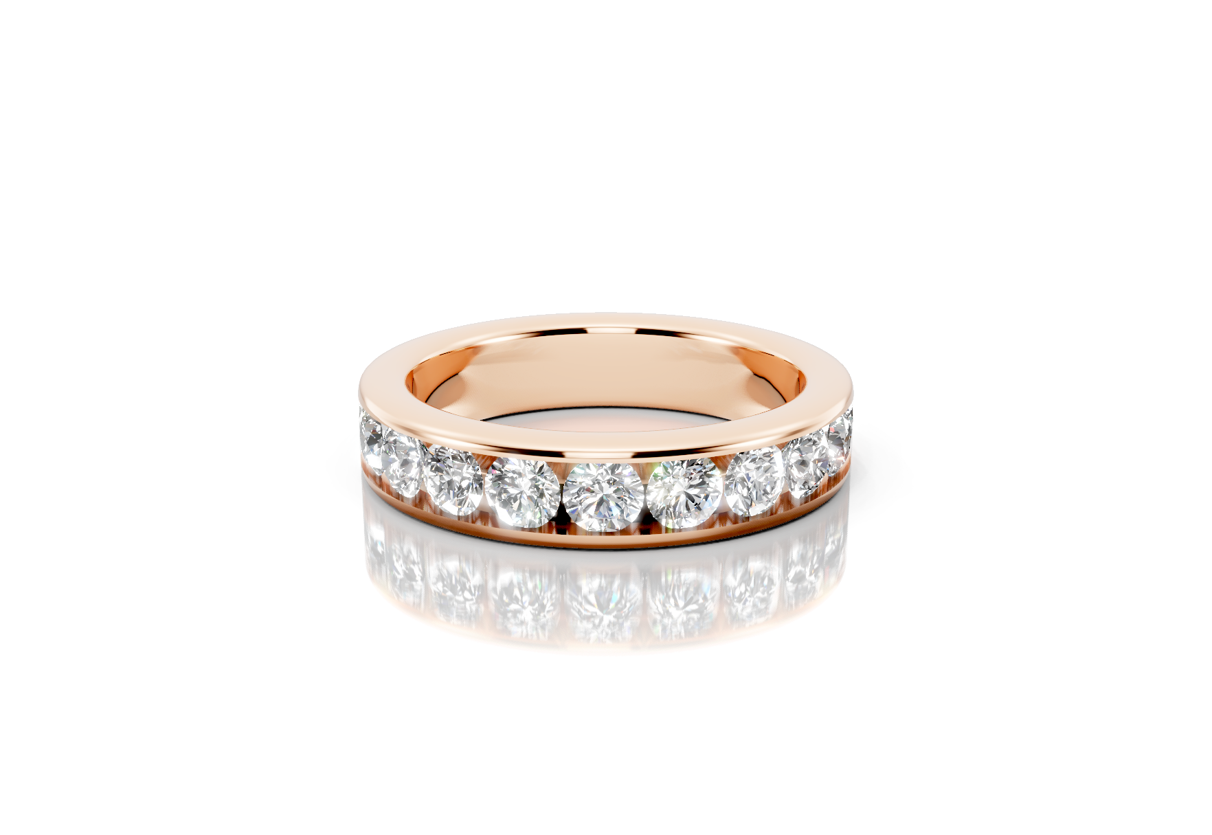 4.5mm channel set diamond wedding band 1.25ct round diamonds 50 percent set in gold platinum and palladium