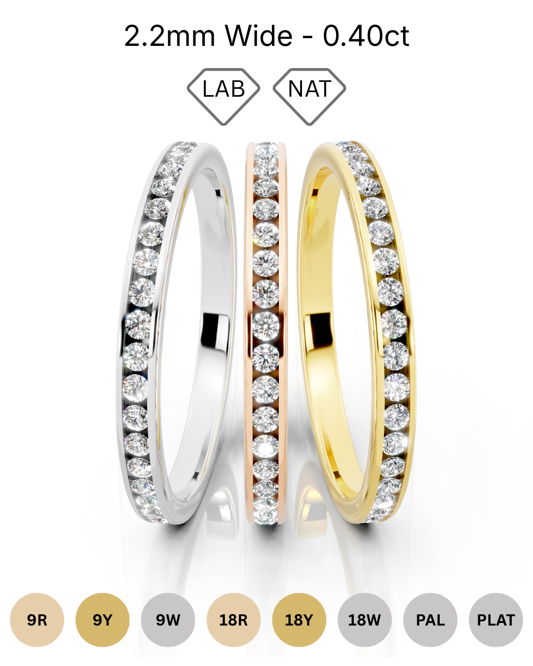 2.2mm full channel set diamond wedding band 0.40ct round diamonds in gold platinum and palladium