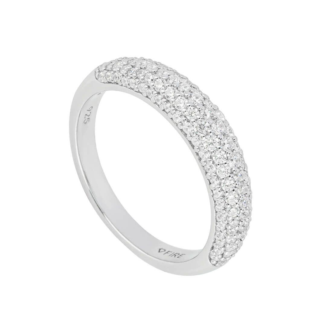 Diamonfire® 0.86ct Pavé Set Dome Ring, featuring 111 round zirconia stones, crafted in triple-plated sterling silver, presented in exclusive Diamonfire® silk packaging with a luxury gift box and bag.