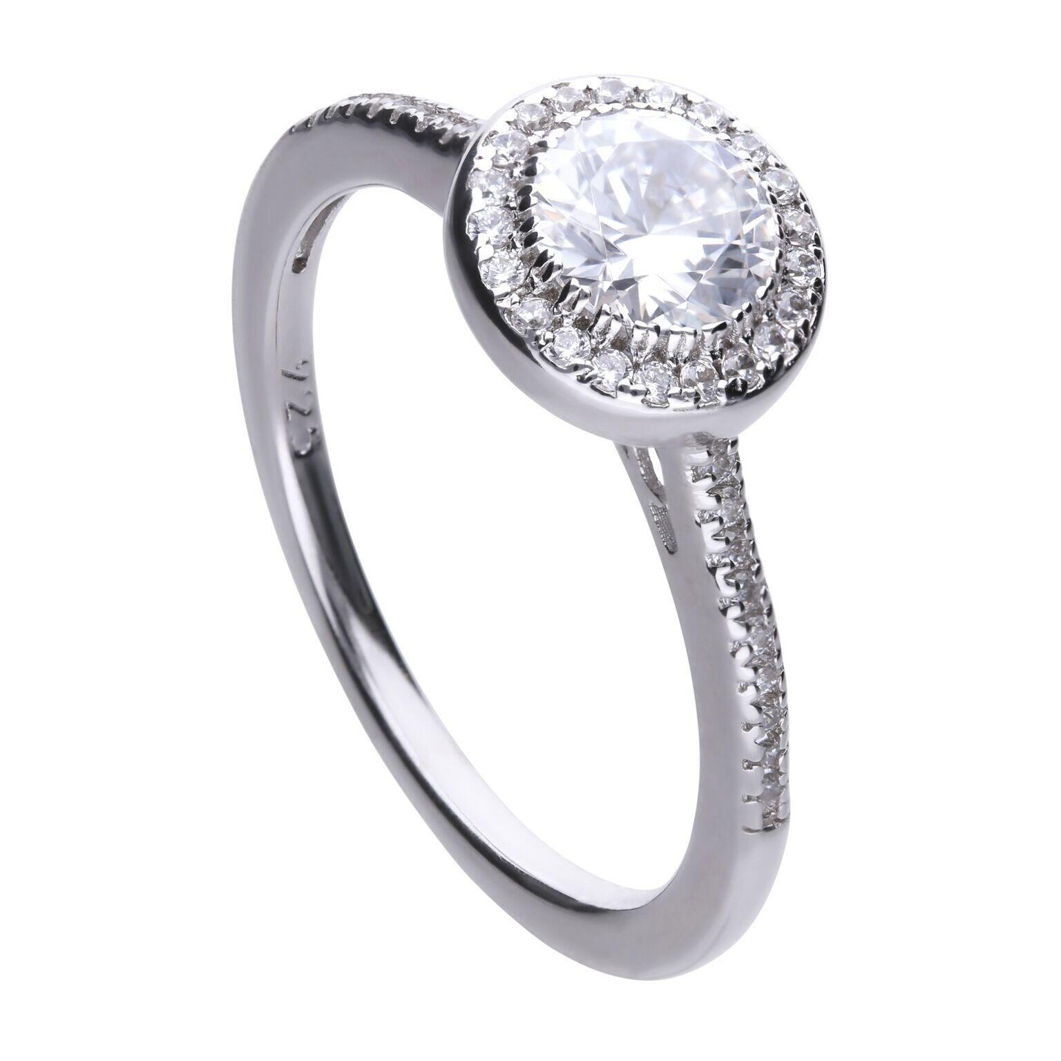 Diamonfire® 1.1ct Round Halo Set Ring with stone-set shoulders, crafted in triple-plated sterling silver, featuring 57-facet cut zirconia stones, presented in exclusive silk packaging with a luxury gift box and bag.