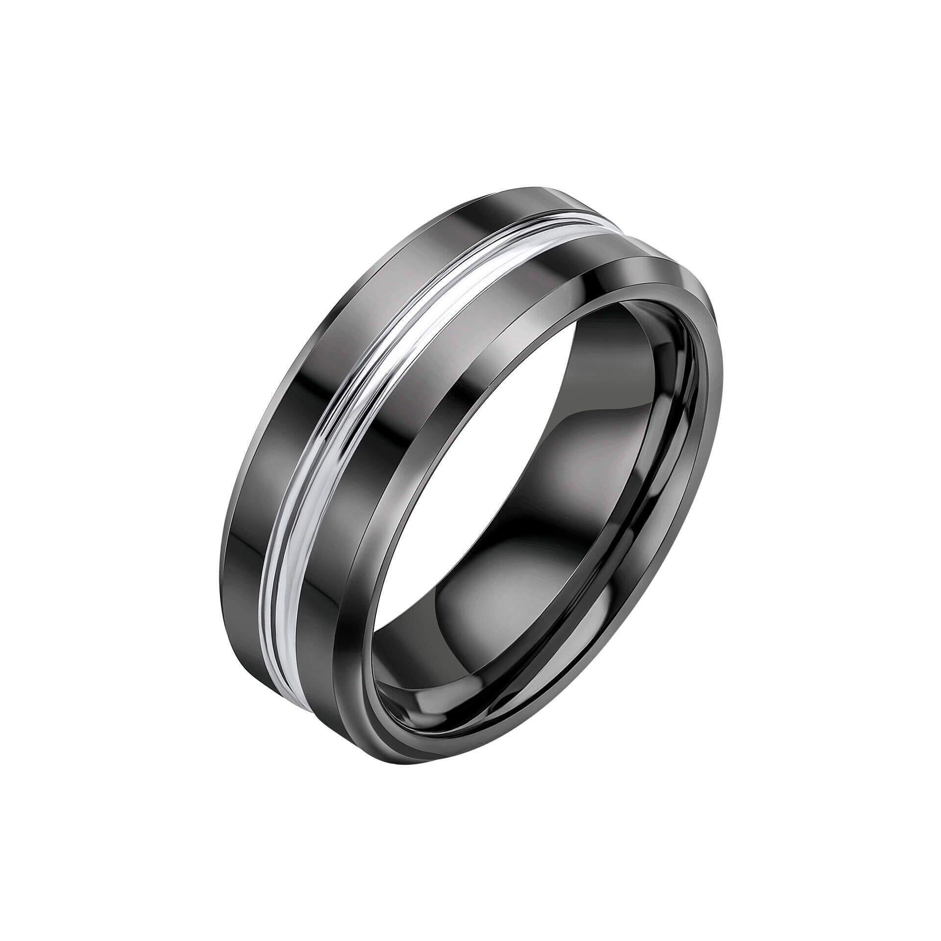 Fred Bennett™ 8mm IP Black Plated Tungsten Ring with Contrasting Groove - Durable Men's Wedding Band