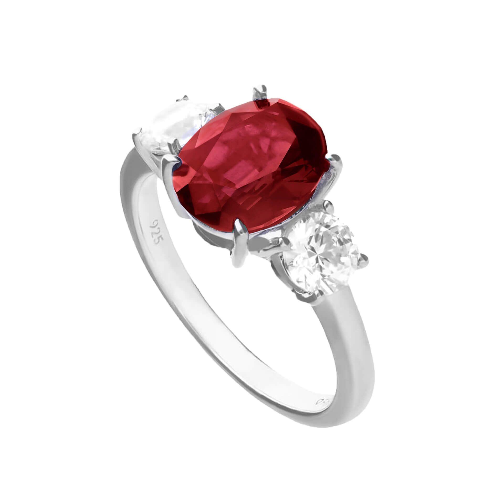 Diamonfire™ 5.70ct Oval Ruby Zirconia Trilogy Ring in Sterling Silver with Triple Plating, Certified Skin Safe, Featuring a Rich Ruby-Red Centre Stone