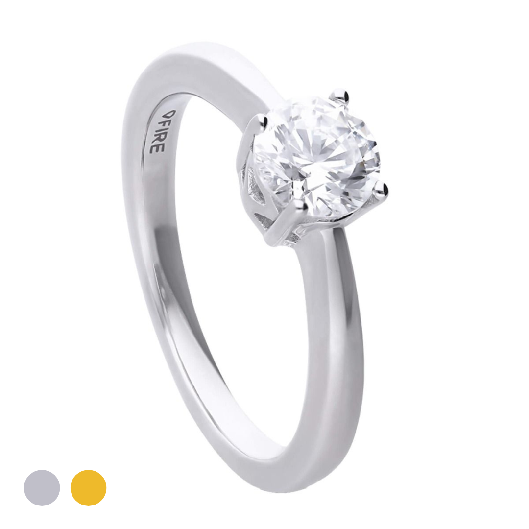 Diamonfire® 1ct Solitaire Ring with 4 Claw Setting in Sterling Silver, available in Platinum or 24K Gold Plated Triple Finish, presented in exclusive Diamonfire® silk packaging with a luxury gift box and bag.