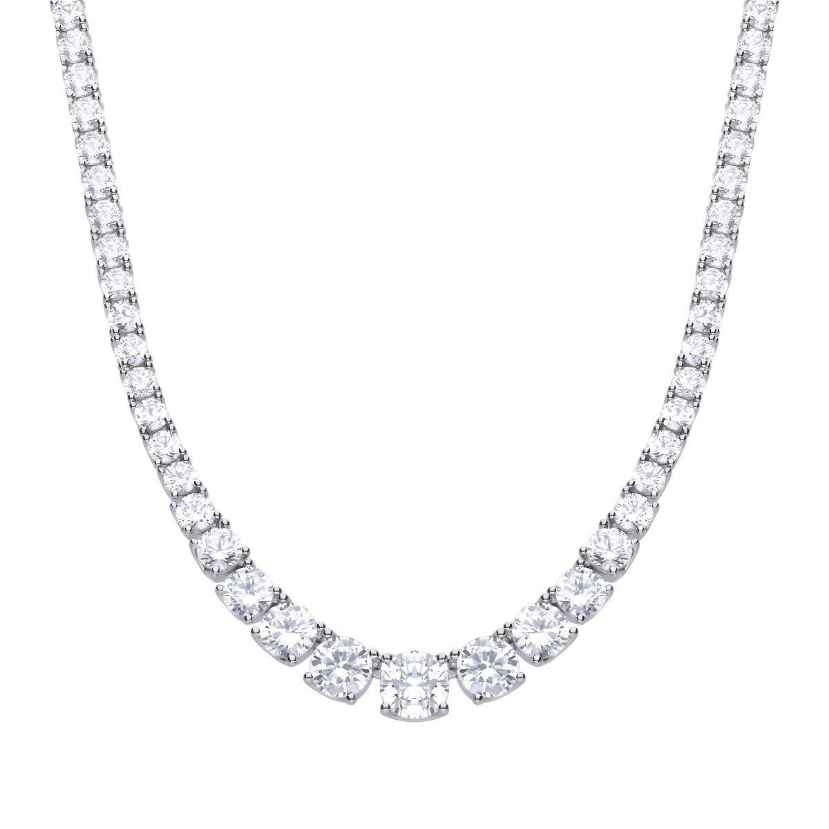 "16.2ct Graduated Zirconia Tennis Necklace featuring Diamonfire® cubic zirconia stones cut with 57 facets, set in triple plated sterling silver, AnchorCert Pro certified skin safe, in exclusive silk packaging with gift bag."