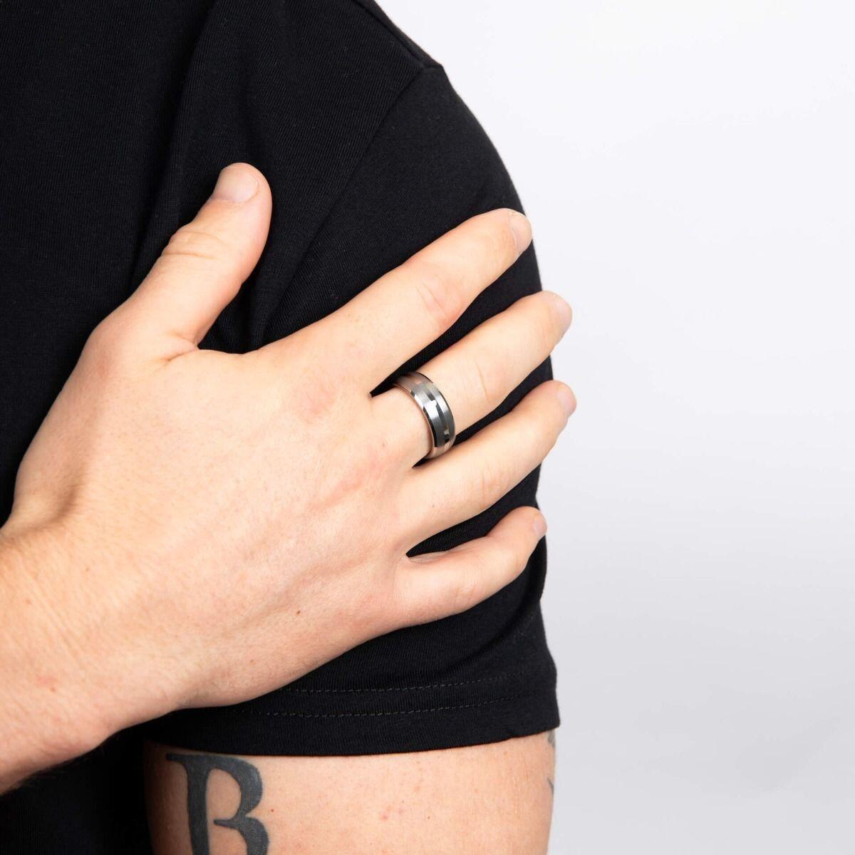 "8mm Tungsten Ring with a unique combination of brushed and polished finishes, certified skin safe by AnchorCert Pro, by fredbennett®."
