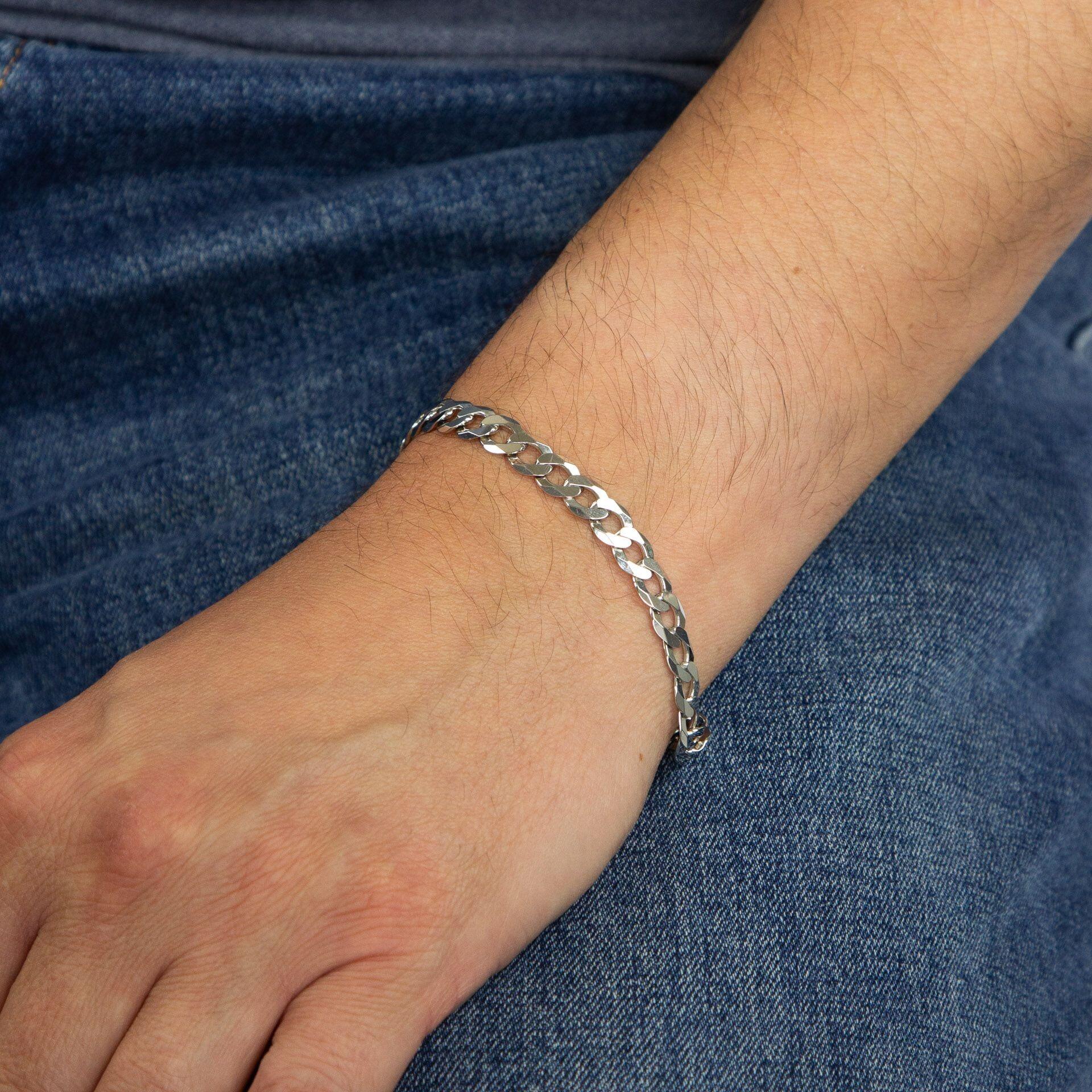 "Heavyweight diamond curb chain bracelet in sterling silver with a polished finish, 22.5cm, AnchorCert Pro certified skin safe, presented in a branded premium suede pouch in a branded gift box by fredbennett®."
