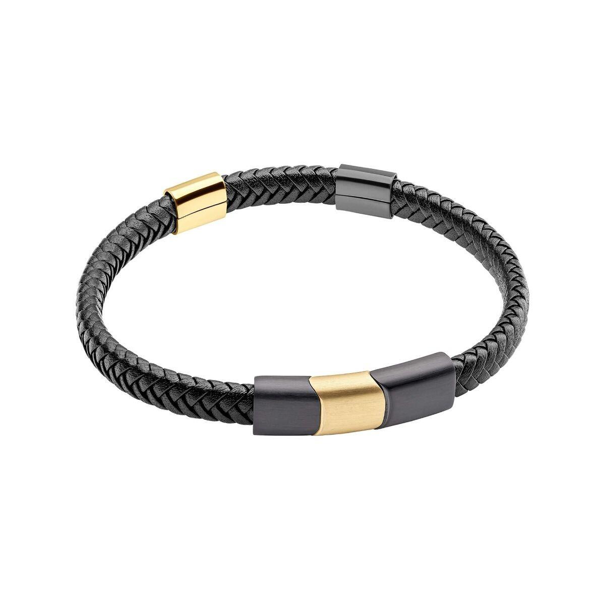"fredbennett® Black Leather Bracelet – A modern and stylish men’s bracelet crafted from black braided leather, featuring black IP and yellow gold-plated stainless steel accents. Perfect for everyday wear or stacking. AnchorCert® certified and presented in luxury suede packaging from Gold and Diamonds."