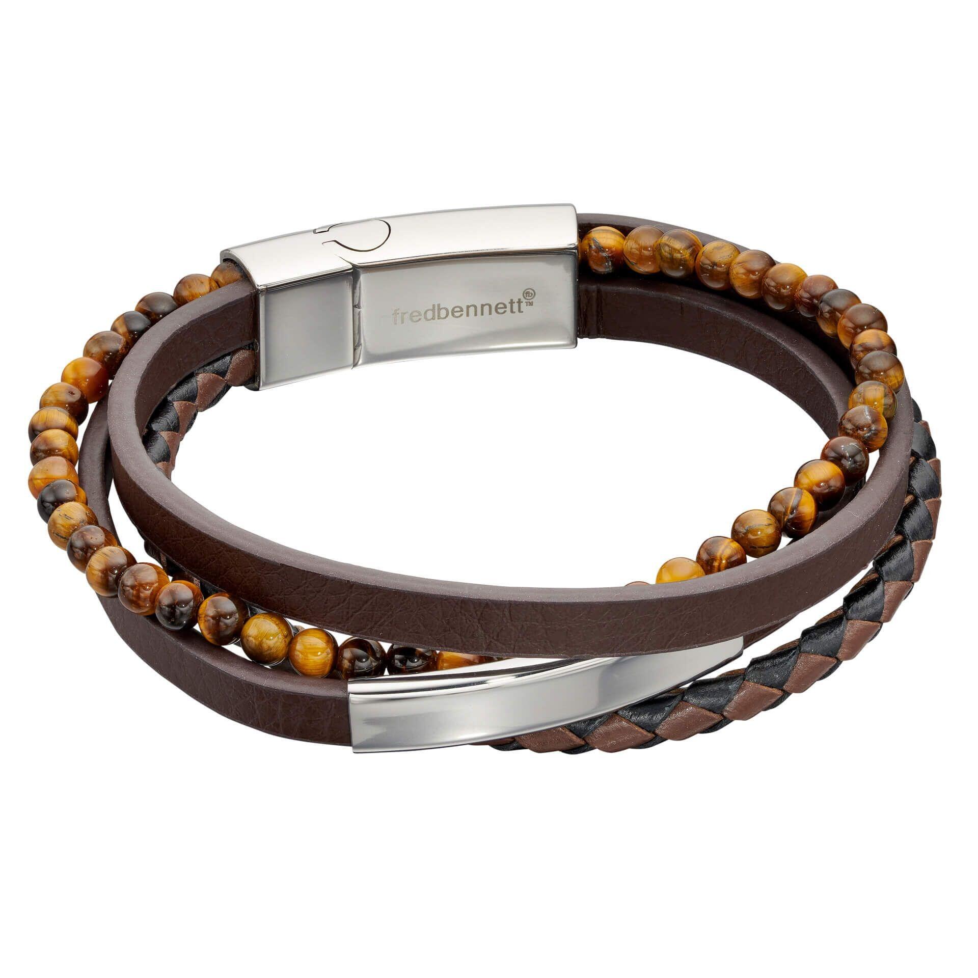 "fredbennett® Multi-Row Brown Leather & Tiger’s Eye Bracelet – A stylish men’s bracelet crafted from genuine brown leather and natural Tiger’s Eye beads, featuring an engravable stainless steel ID bar. Free custom engraving available. AnchorCert® certified and presented in luxury suede packaging from Gold and Diamonds."