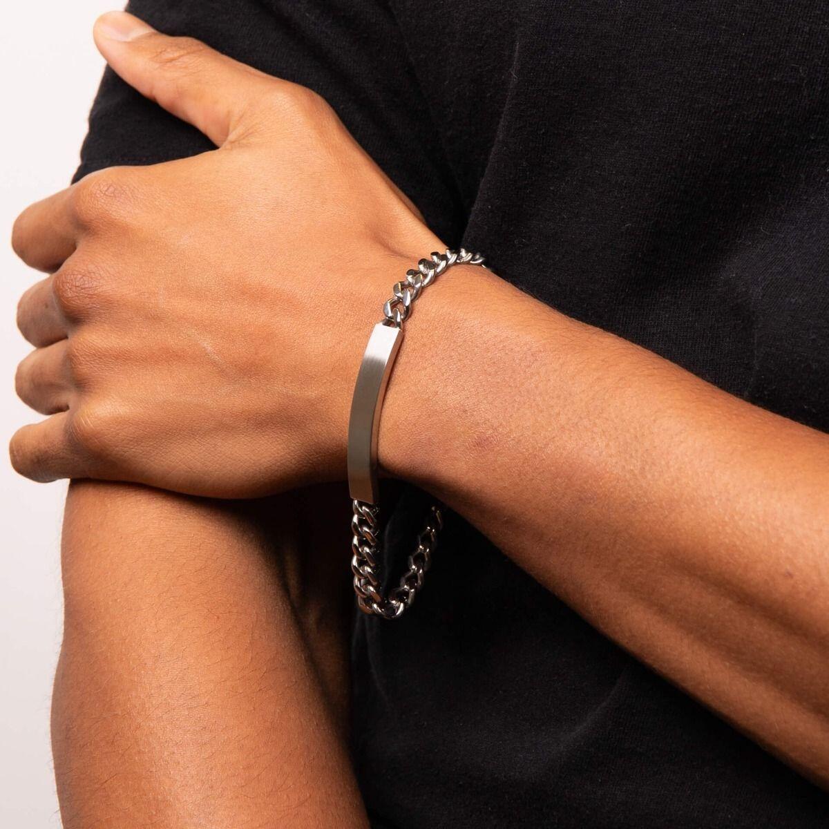 "fredbennett® Brushed Stainless Steel ID Bar Link Bracelet – A sleek and stylish men’s bracelet crafted from brushed stainless steel, featuring an engravable ID bar for free custom engraving. AnchorCert® certified and presented in luxury suede packaging from Gold and Diamonds."