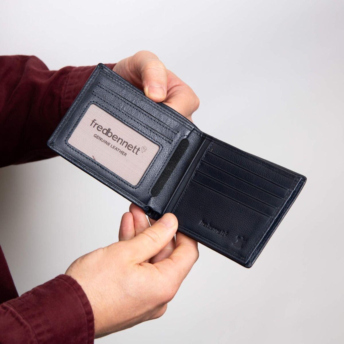 "fredbennett® Navy Blue Genuine Leather Wallet – crafted from high-quality leather with free laser engraving for a name, date or child’s handwriting. A personal and stylish gift for men, available at Gold and Diamonds."