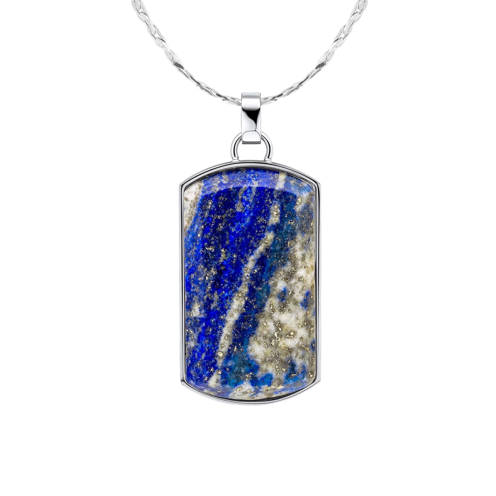 "fredbennett® Lapis Lazuli Dog Tag Pendant – features a deep blue natural lapis inlay with an engravable stainless steel back. Skin-safe and presented in a suede pouch. Available at Gold and Diamonds."