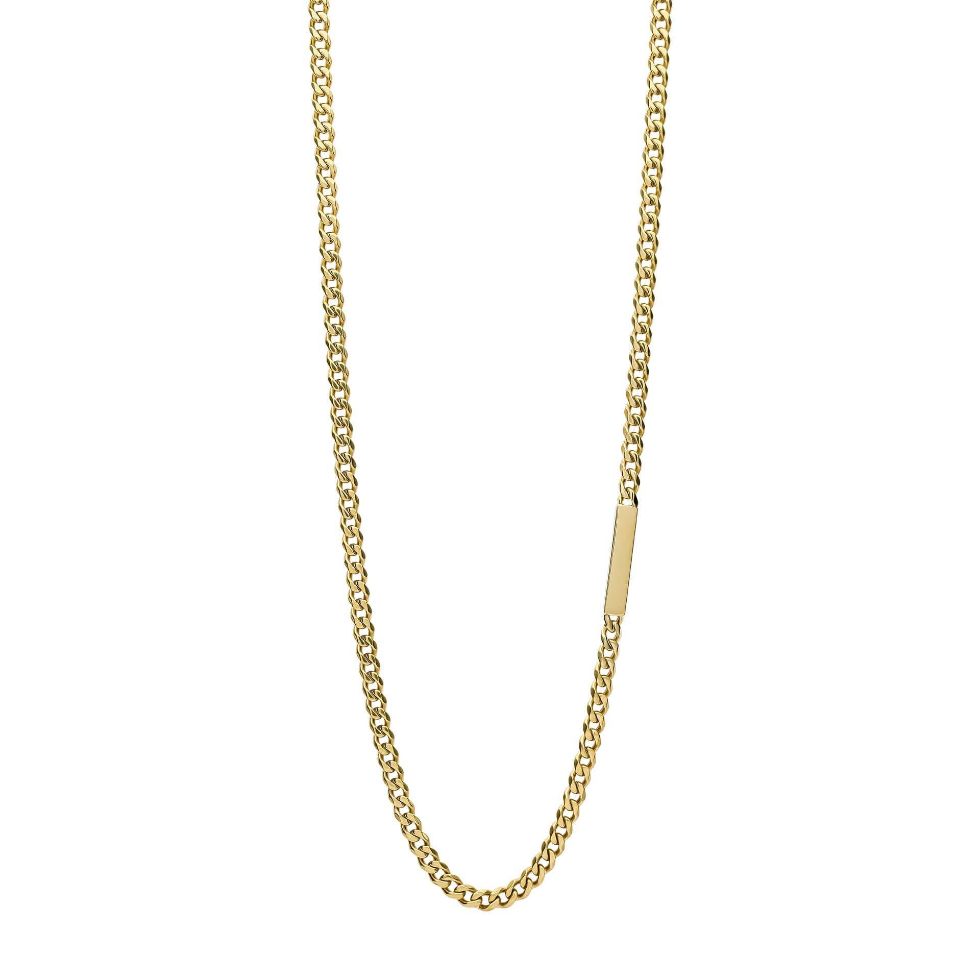 "fredbennett® Yellow Gold PVD Stainless Steel Curb Chain Necklace – features engravable ID bar and warm gold plating. Skin-safe and presented in a suede pouch. Available at Gold and Diamonds."