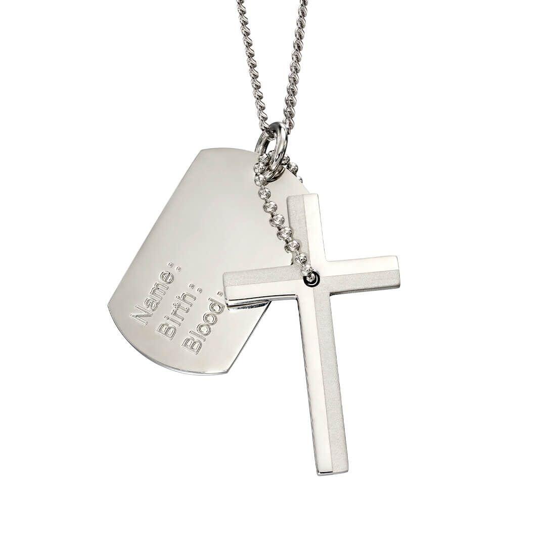 "fredbennett® Stainless Steel Cross and Medical Dog Tag Necklace – stylish, engravable men’s necklace with 50cm chain, perfect for medical or personal info. Skin-safe and gift-ready from Gold and Diamonds."