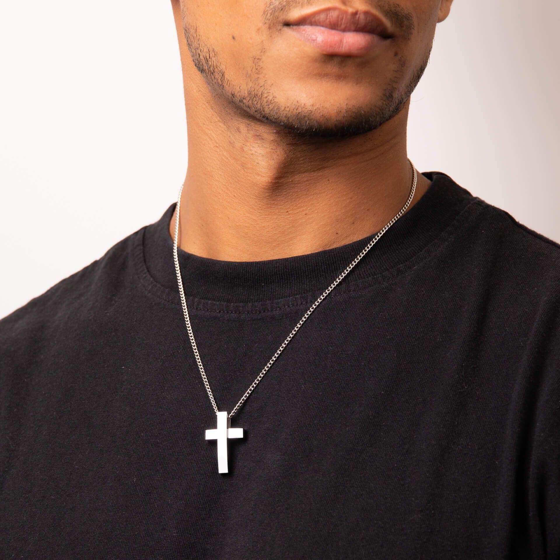 "fredbennett® Two-Tone Stainless Steel Cross Pendant and Chain – men’s necklace with polished and satin finish, skin-safe and presented in a suede pouch from Gold and Diamonds."