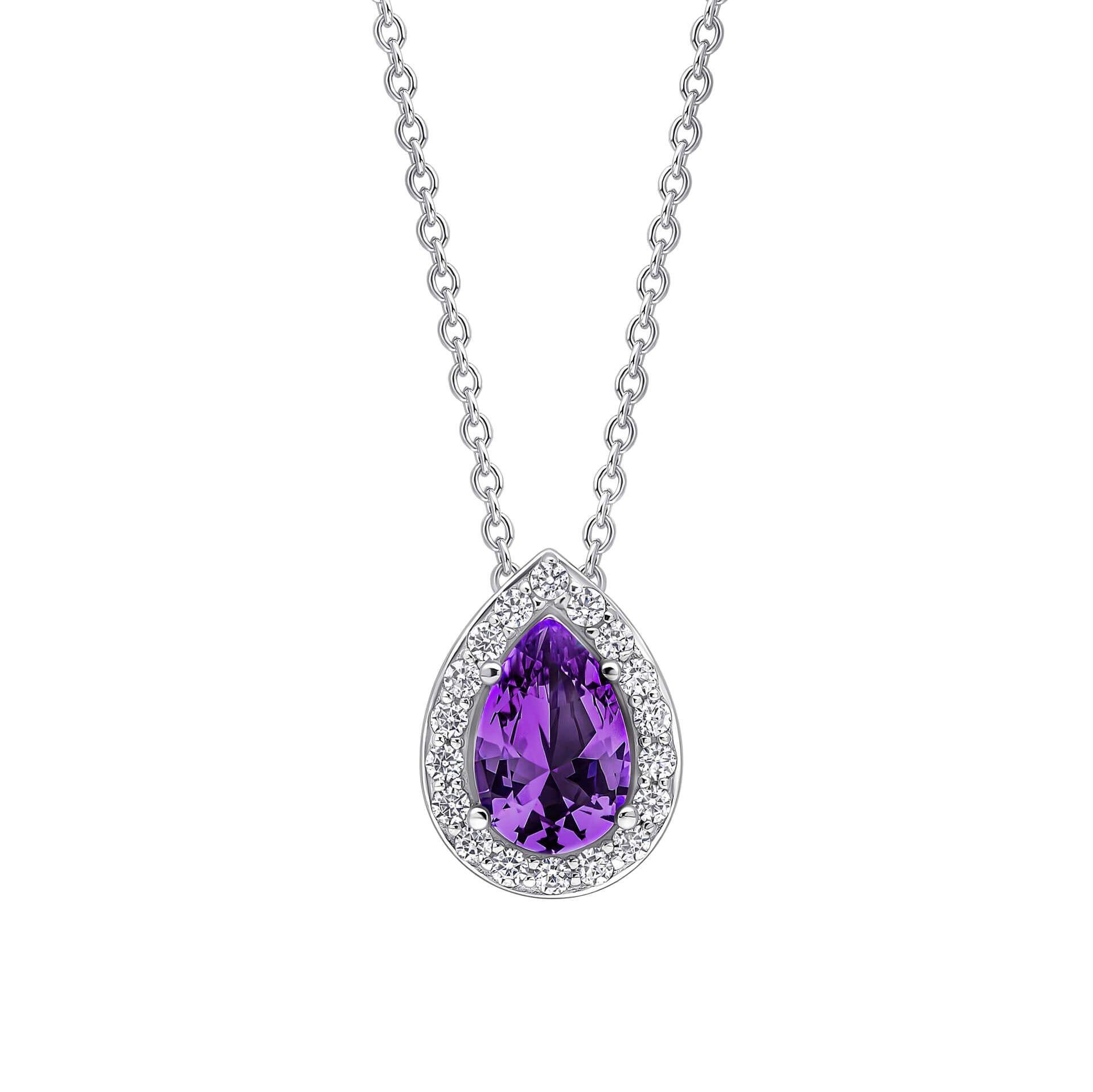 Diamonfire® Amethyst Purple Pear-Cut Halo Zirconia Pendant in Triple Plated Sterling Silver, Adjustable 42–48cm – Luxury Jewellery by Gold and Diamonds