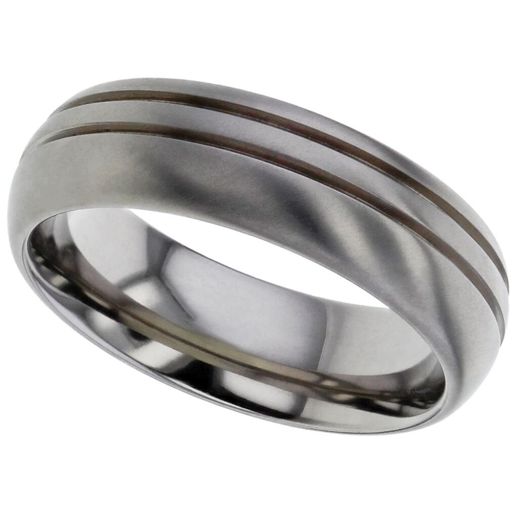 Brushed court shaped Geti titanium wedding band with two offset grooves by Gold and Diamonds