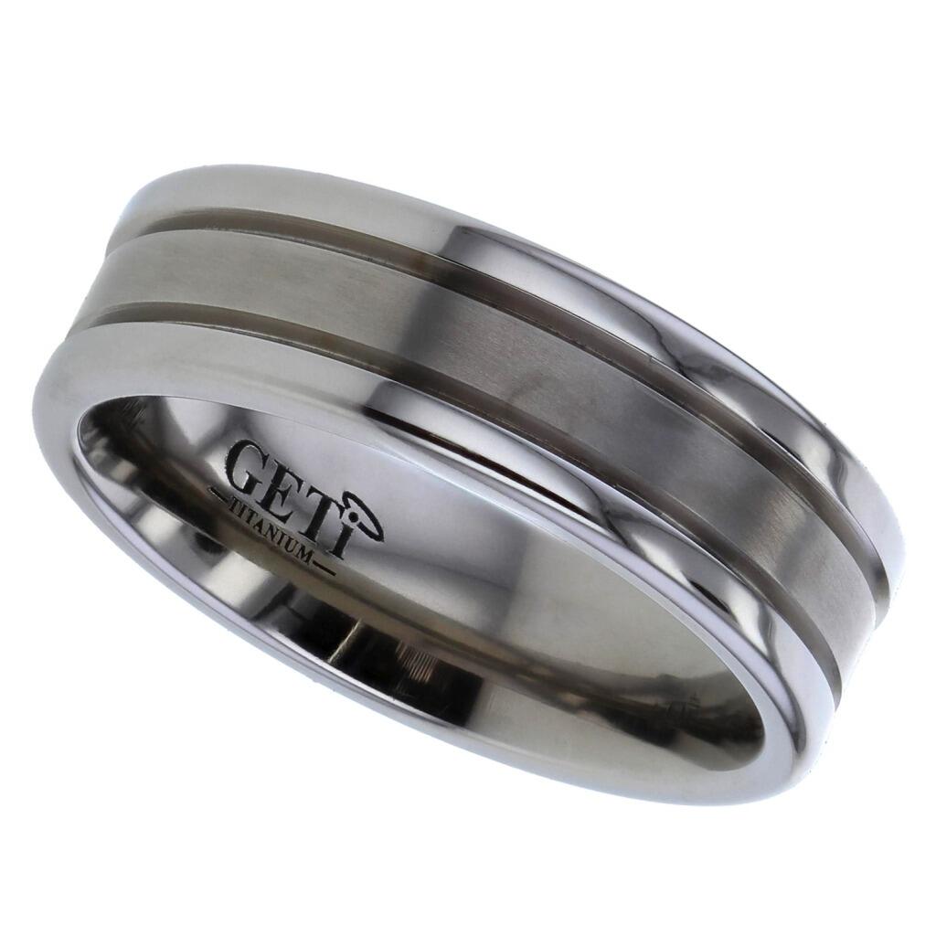 Flat court Geti titanium wedding band with satin centre, polished edges and twin grooves by Gold and Diamonds