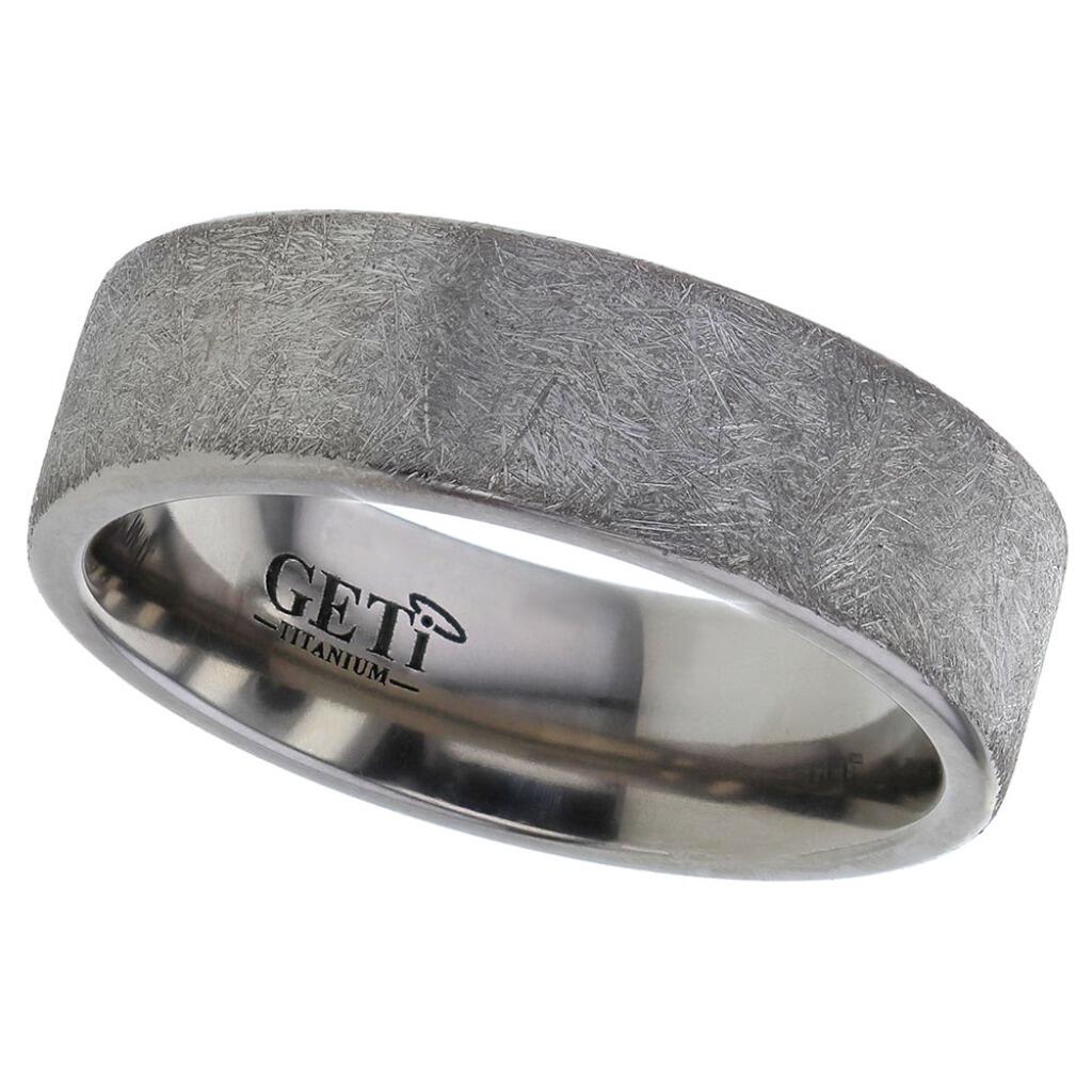 Flat court Geti titanium wedding band with heavy wire brushed finish by Gold and Diamonds