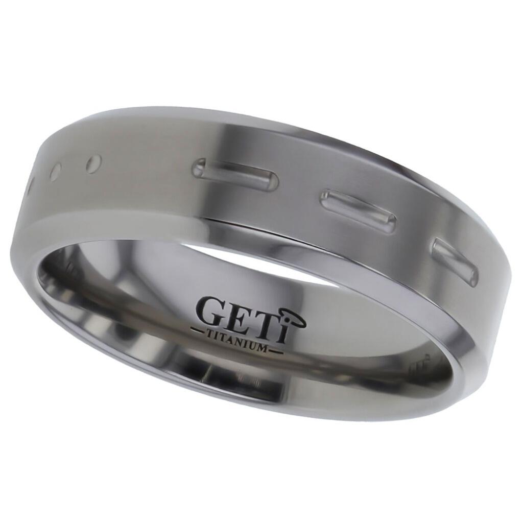 Flat profile Geti titanium wedding band with chamfered edges, satin centre and Morse code LOVE detail by Gold and Diamonds