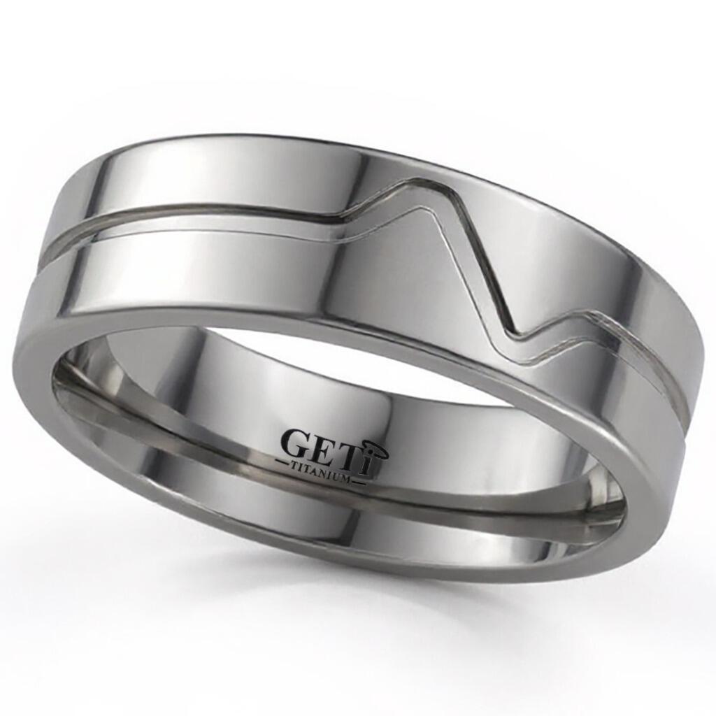 Flat court Geti titanium wedding band with polished finish and machined heartbeat design by Gold and Diamonds