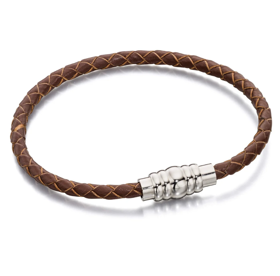 Fred Bennett skinny brown plaited leather bracelet with stainless steel magnetic clasp 21cm