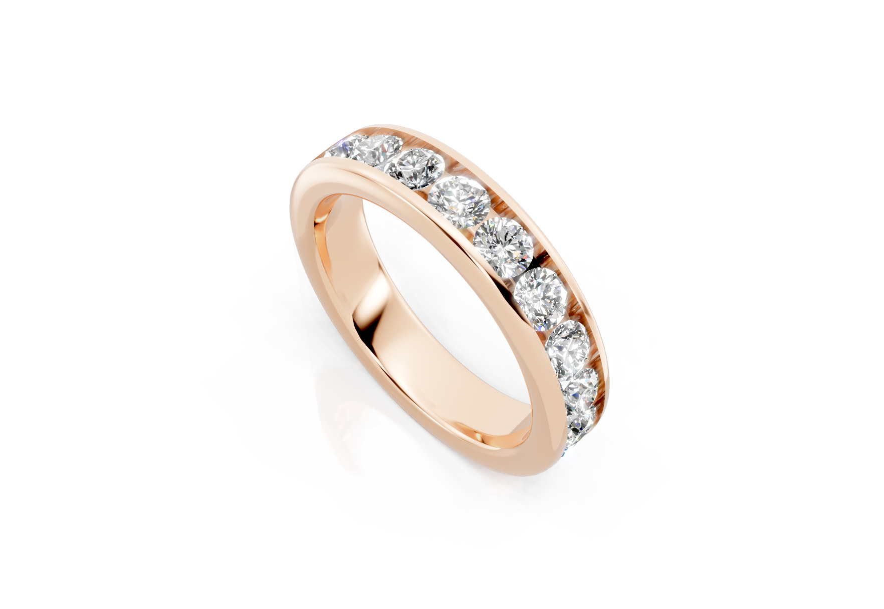 4.5mm channel set diamond wedding band 1.25ct round diamonds 50 percent set in gold platinum and palladium