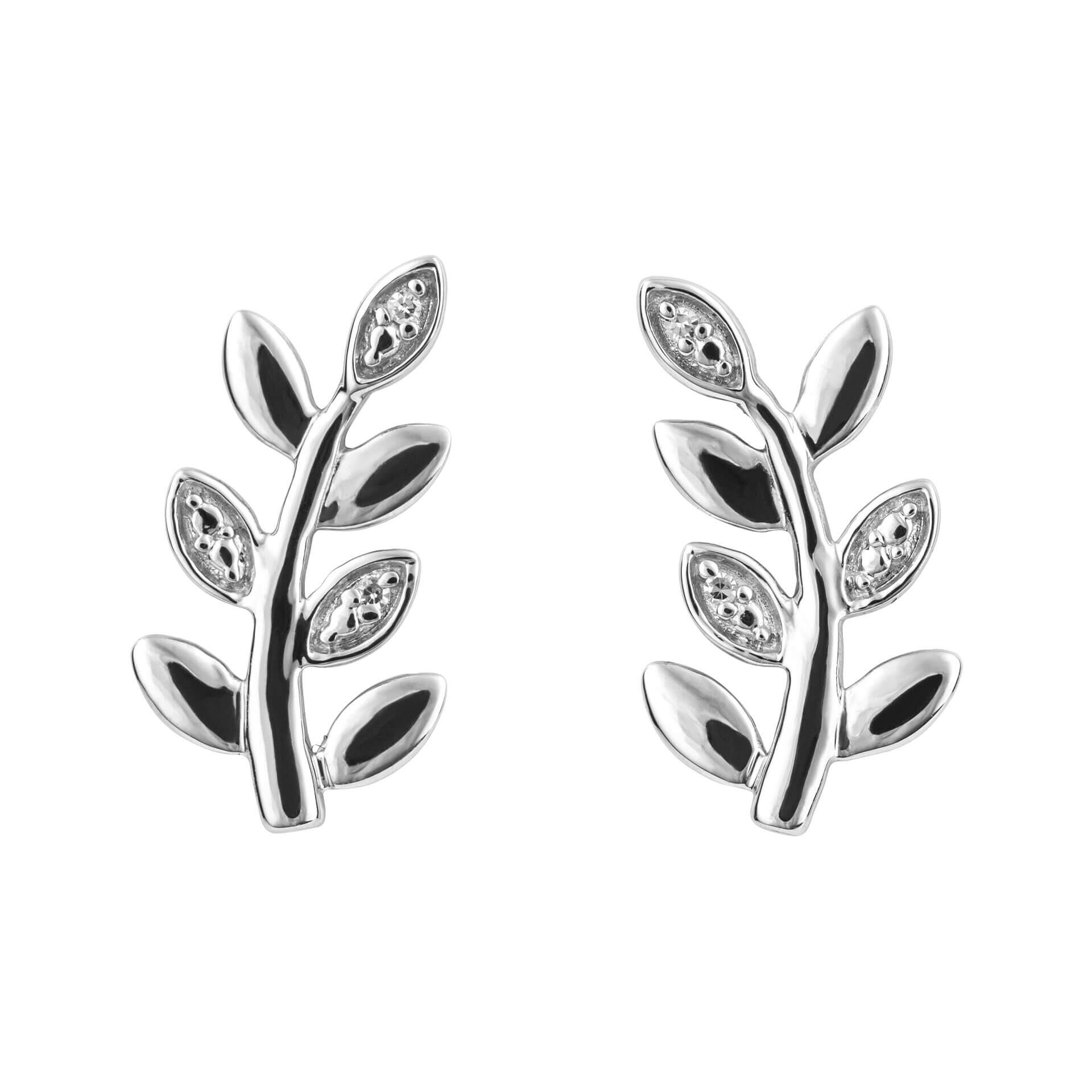 9ct White Gold Diamond Leaf Vine Earrings