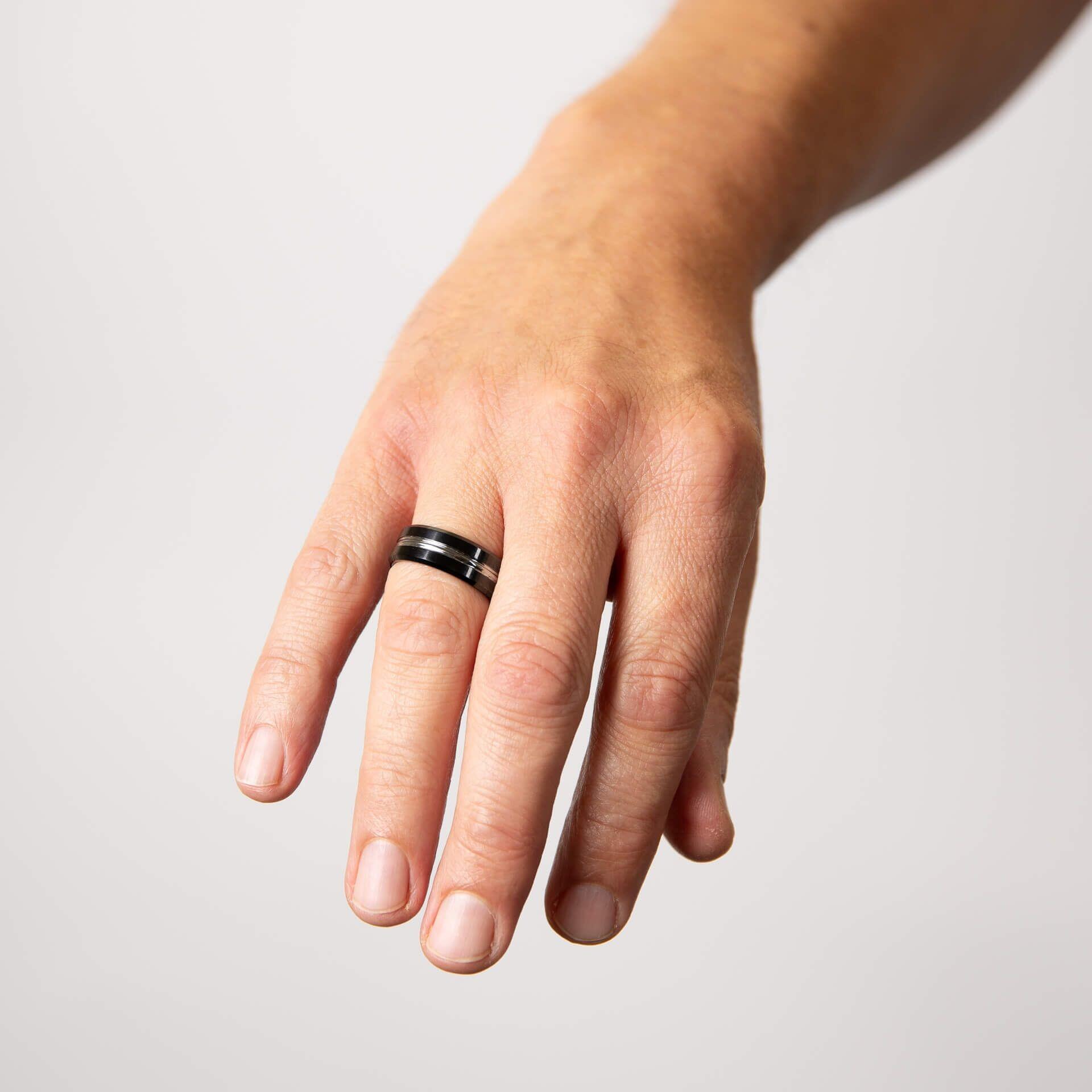 Fred Bennett™ 8mm IP Black Plated Tungsten Ring with Contrasting Groove - Durable Men's Wedding Band