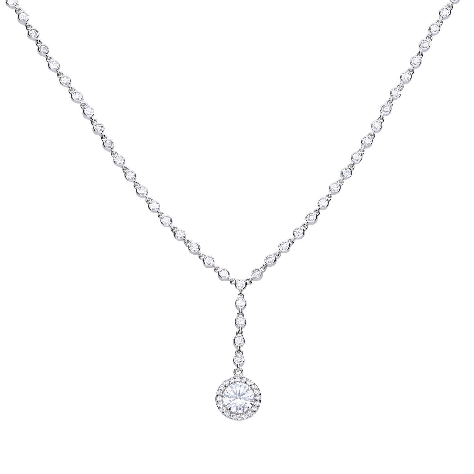"3.65ct pave set Diamonfire® drop necklace with 57-facet cubic zirconia stones on 43cm sterling silver, triple plated for durability and certified skin safe, presented in black Diamonfire® silk packaging with jewelry box, gift bag, and branded ribbon."