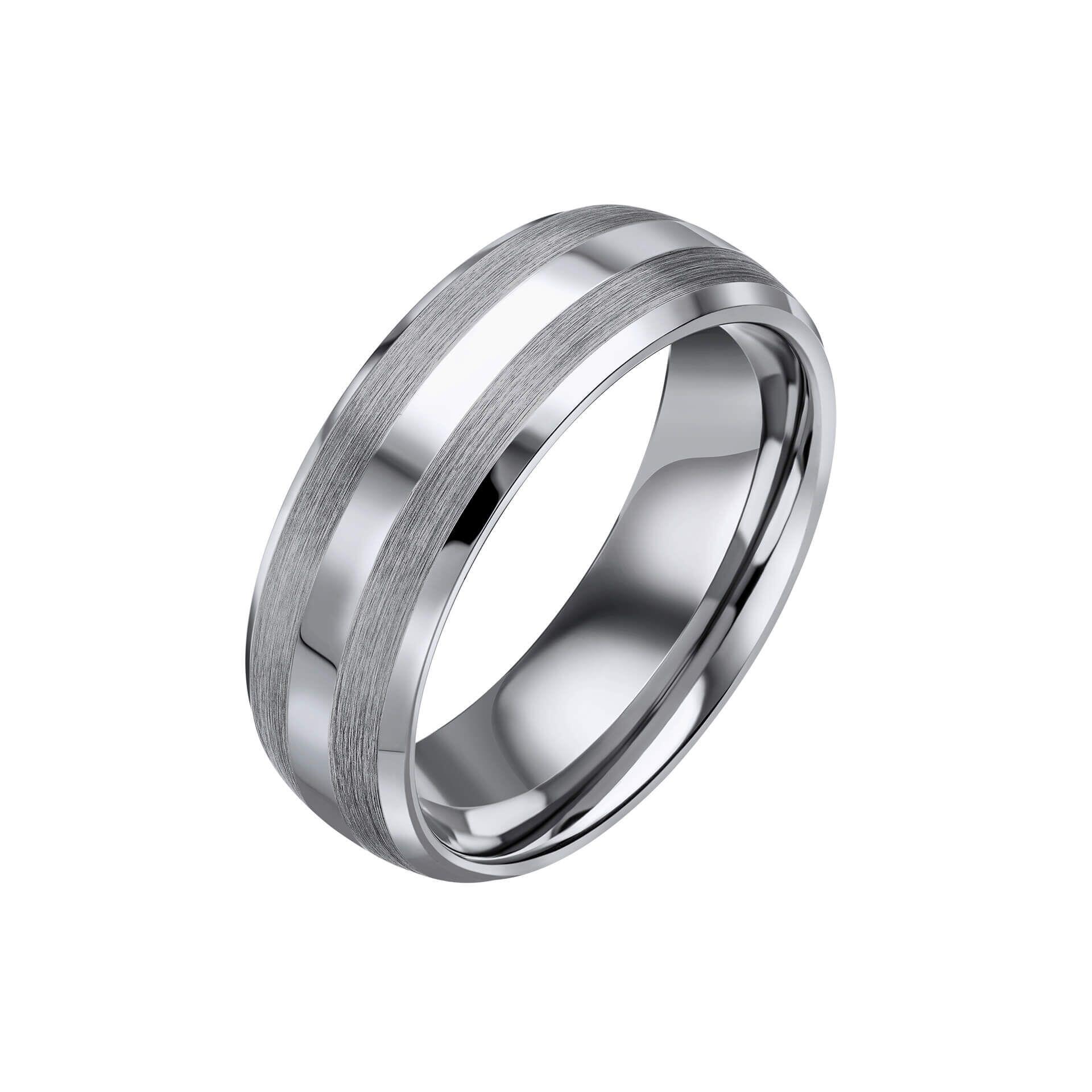 "8mm Tungsten Ring with a unique combination of brushed and polished finishes, certified skin safe by AnchorCert Pro, by fredbennett®."