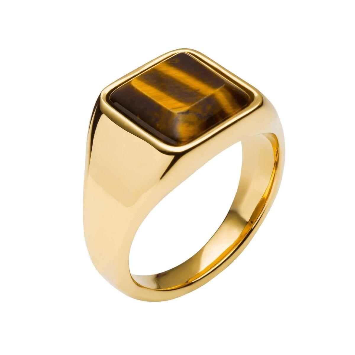 "Stainless Steel Signet Ring with yellow gold IP finish and natural yellow tiger eye, AnchorCert Pro certified skin safe, by fredbennett®, paired with matching dog tag necklace."