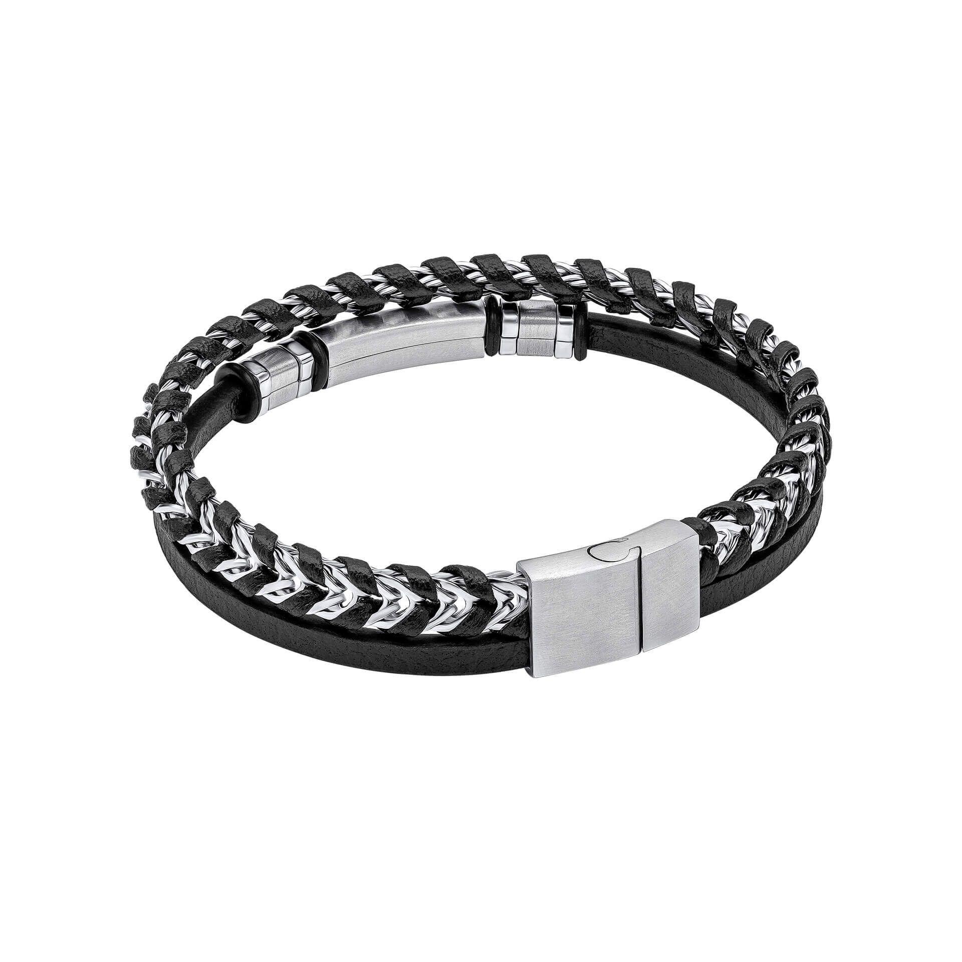 "Black Leather & Stainless Steel ID Bar Bracelet by fredbennett®, featuring a sleek stainless steel ID bar, free engraving service, and AnchorCert Pro certified skin safe, presented in a branded premium suede wallet."