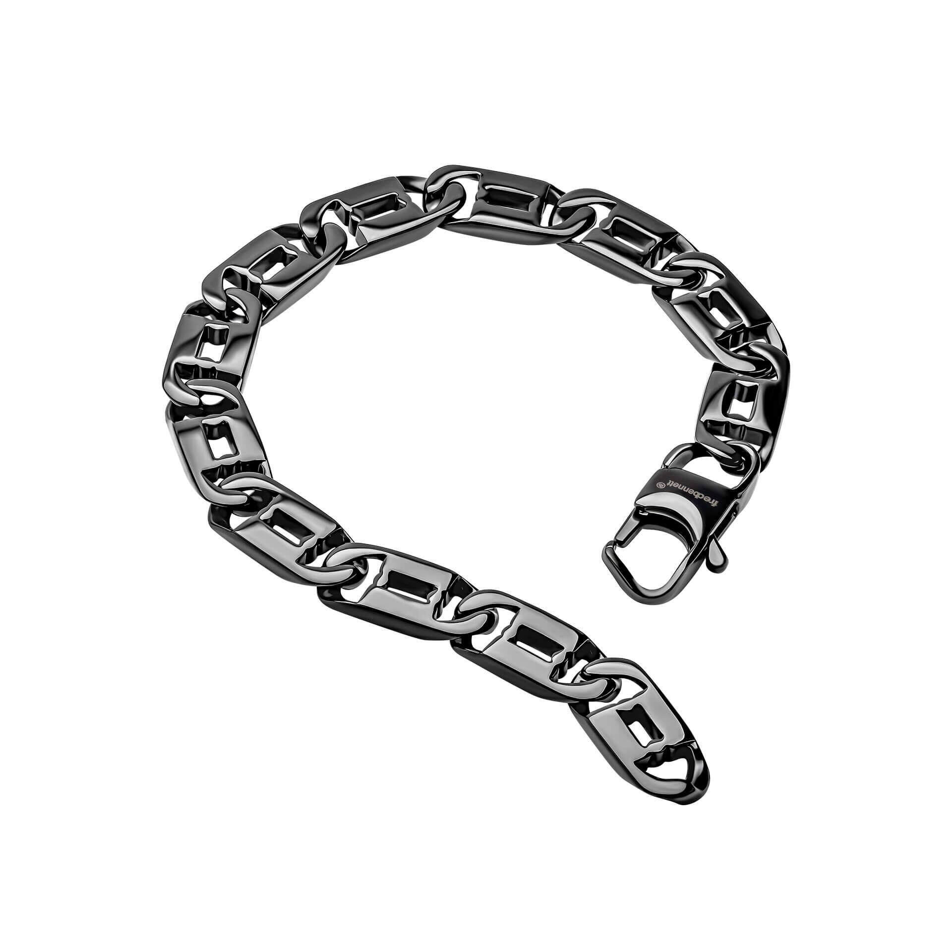 "8mm Blue IP Plated Curb Chain Bracelet by fredbennett®, crafted from durable stainless steel with a bold blue IP finish, AnchorCert Pro certified skin safe, presented in a branded premium suede wallet."