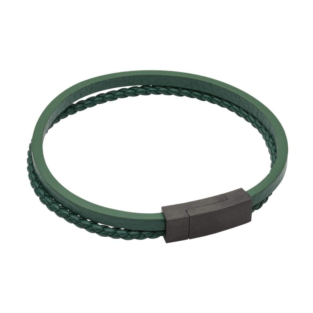 "fredbennett® Multi-Row Green Recycled Leather & Stainless Steel Bracelet – A stylish and sustainable men’s bracelet featuring a multi-texture design with plain and plaited green recycled leather, secured with a black IP stainless steel clasp. AnchorCert® certified and presented in luxury suede packaging from Gold and Diamonds."