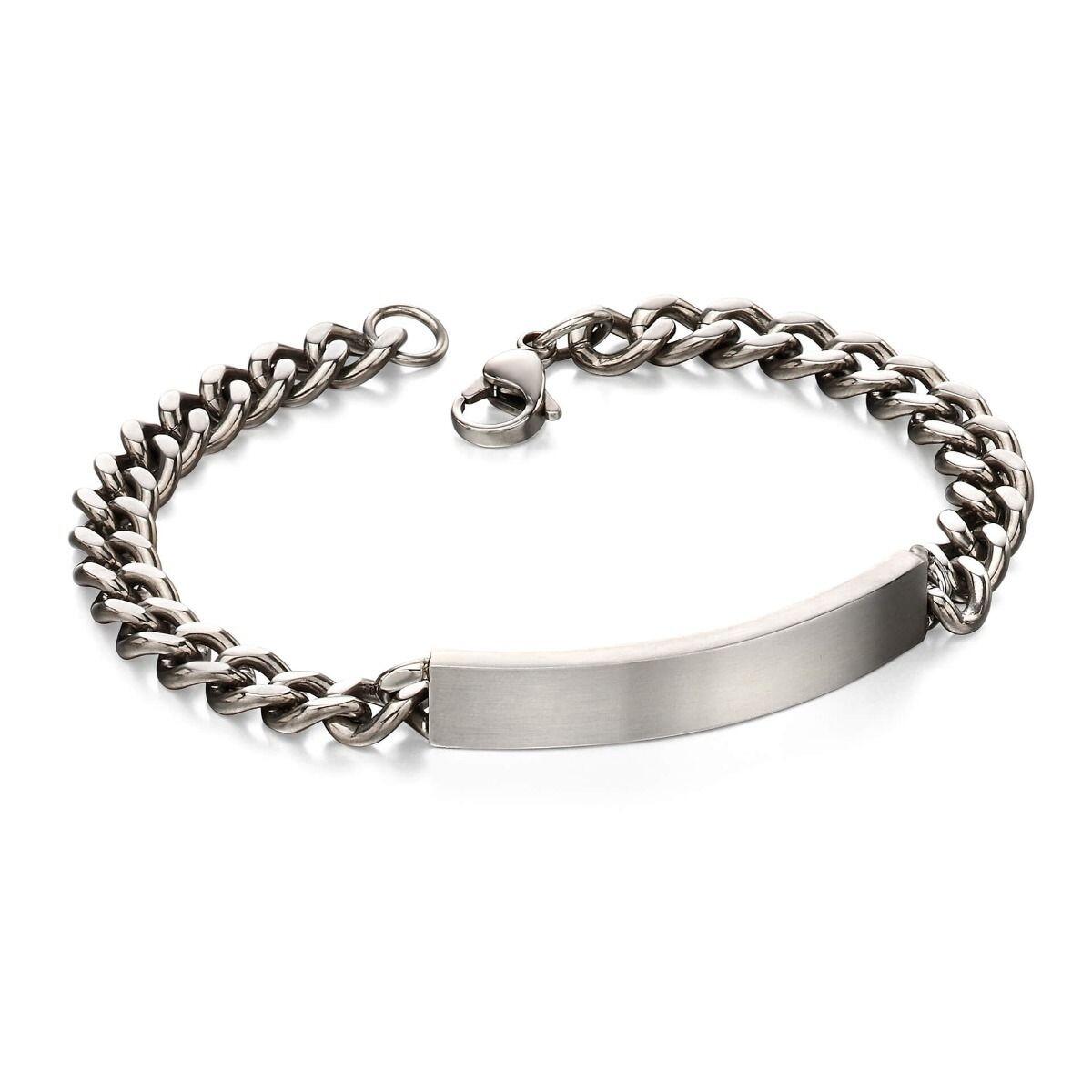 "fredbennett® Brushed Stainless Steel ID Bar Link Bracelet – A sleek and stylish men’s bracelet crafted from brushed stainless steel, featuring an engravable ID bar for free custom engraving. AnchorCert® certified and presented in luxury suede packaging from Gold and Diamonds."